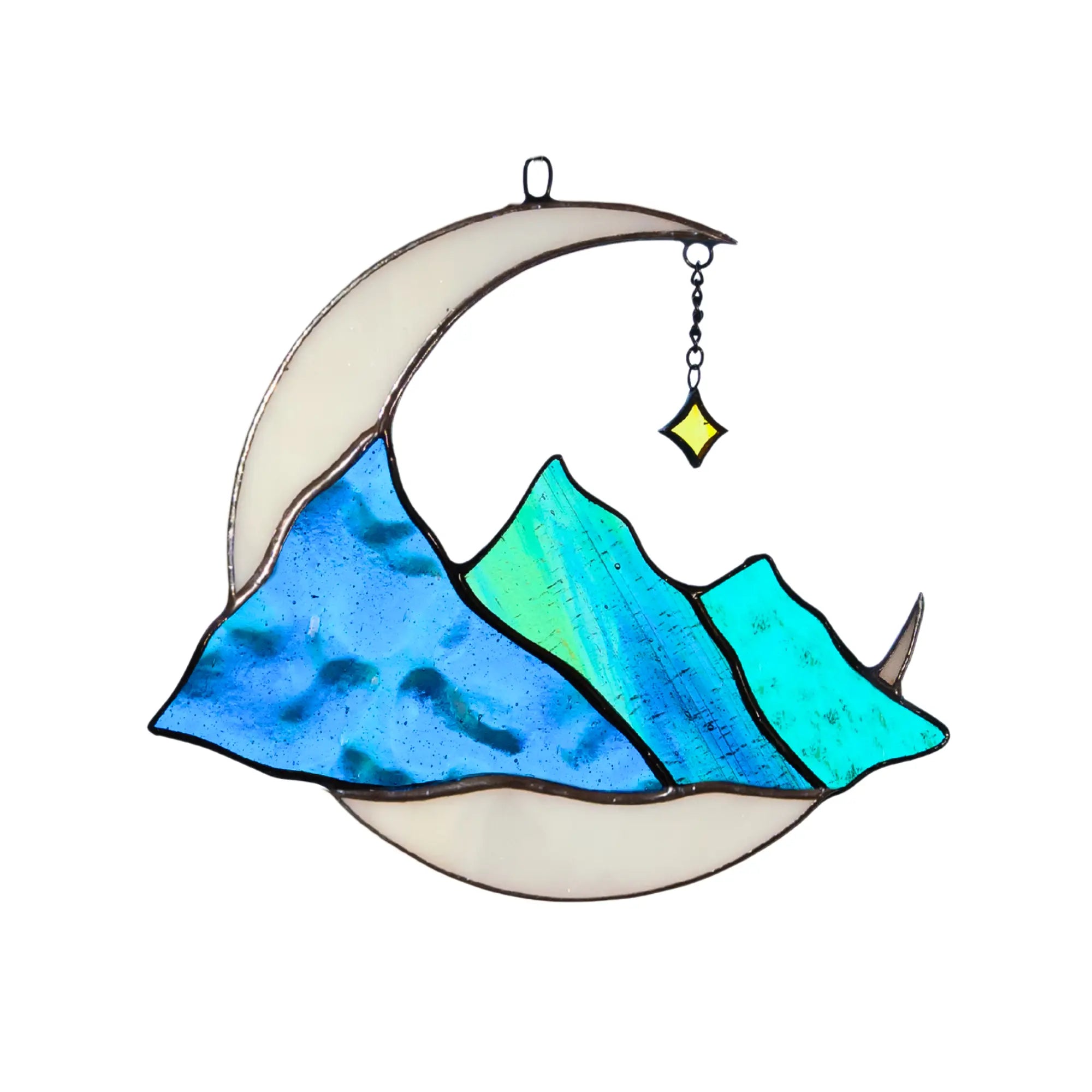 Decorative stained glass moon with mountain design celestial window hangings on a white background