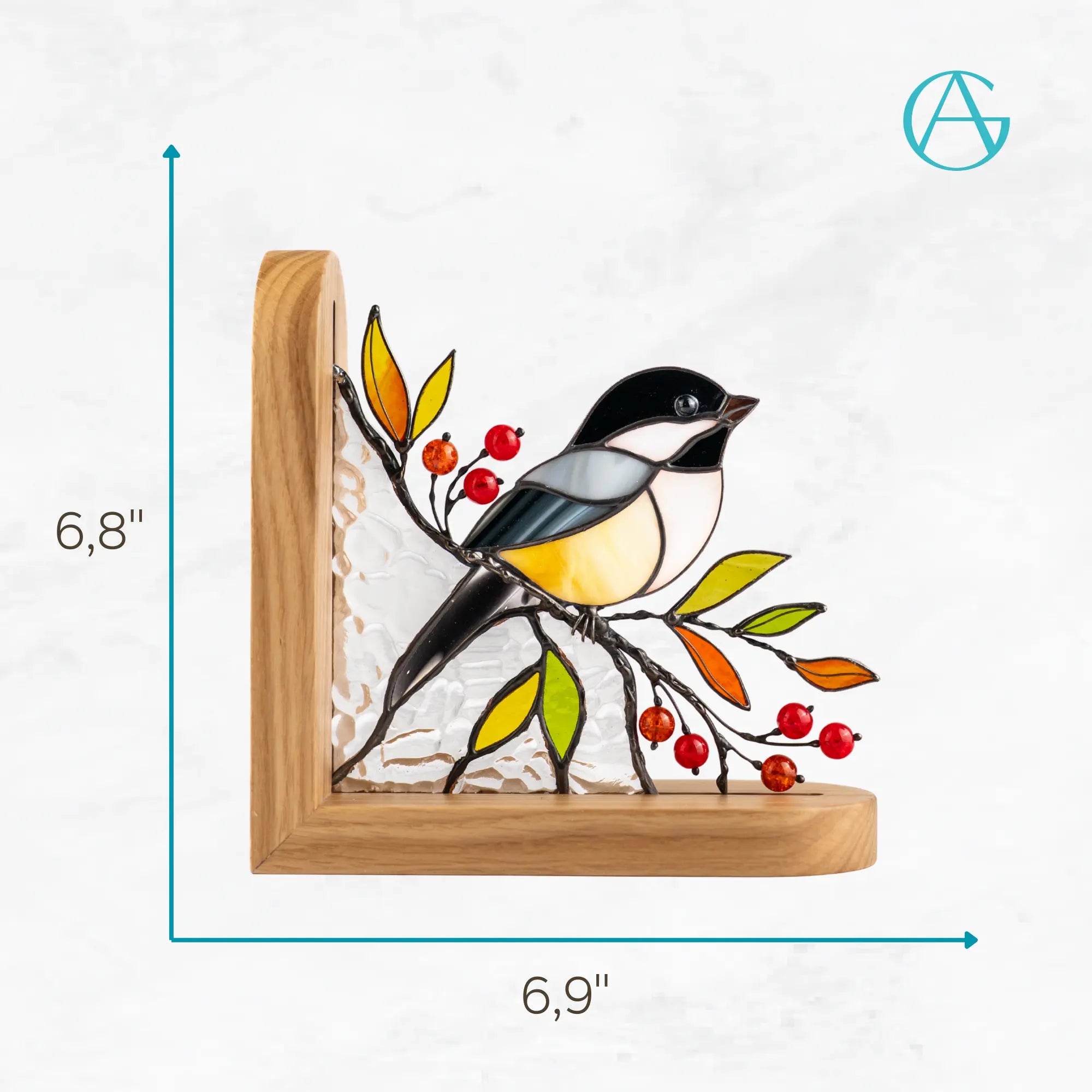 Stained glass bookend with a chgickadee and beads on a wooden base, with dimensions indicated 6,8 x 6,9 inches