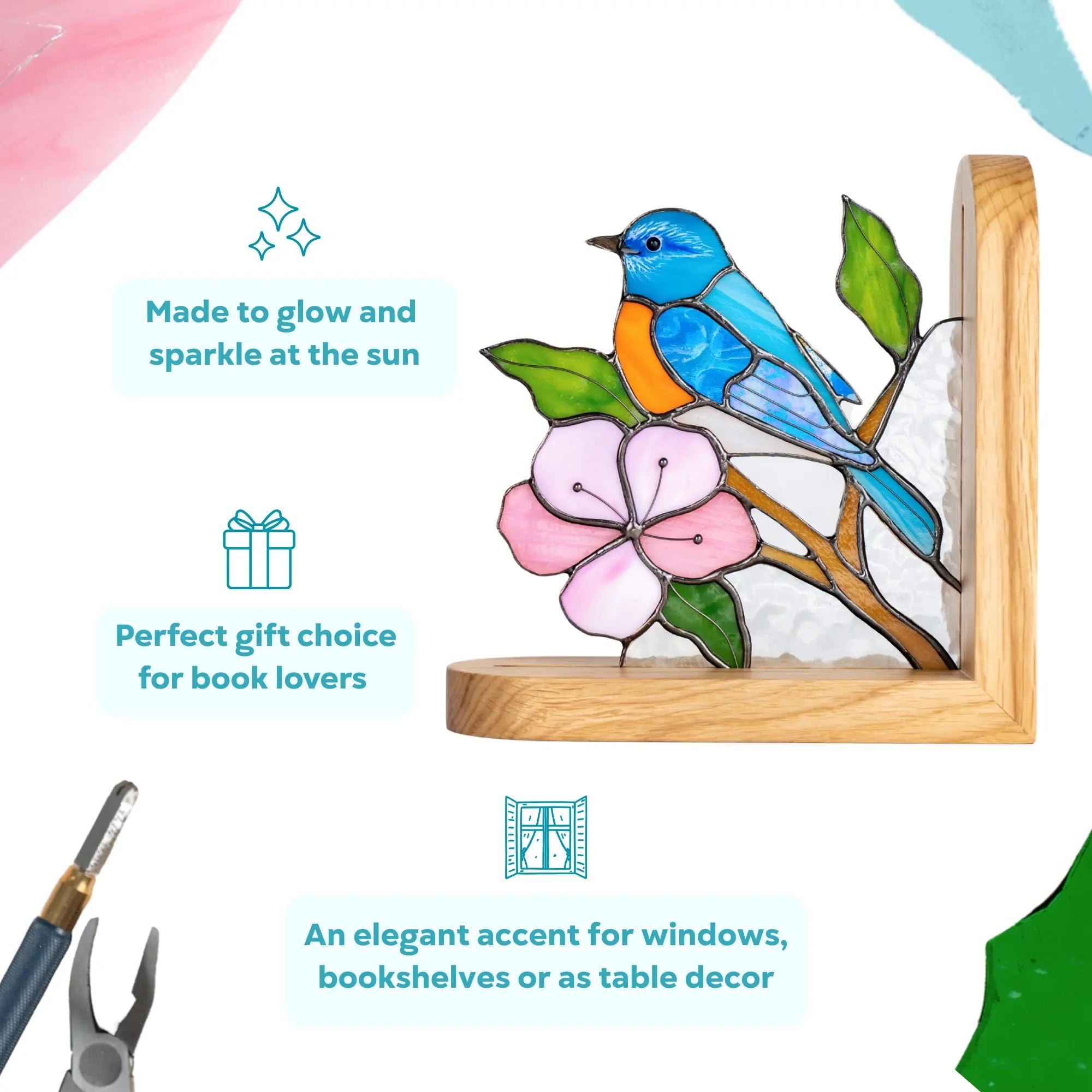 Stained glass bookend with bluebird and sakura flower as a perfect gift choice for book lovers