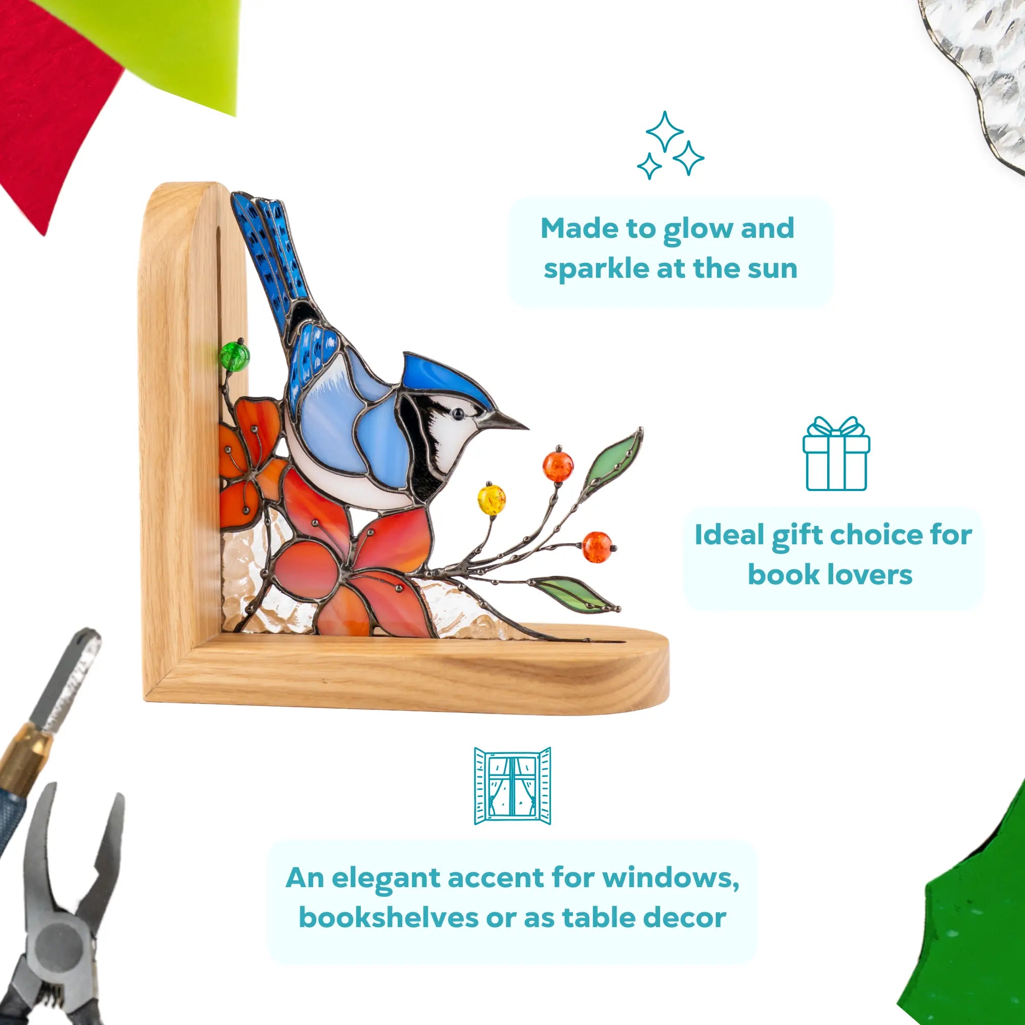 Stained glass bookend with a blue jay design, as an ideal gift choice for book lovers