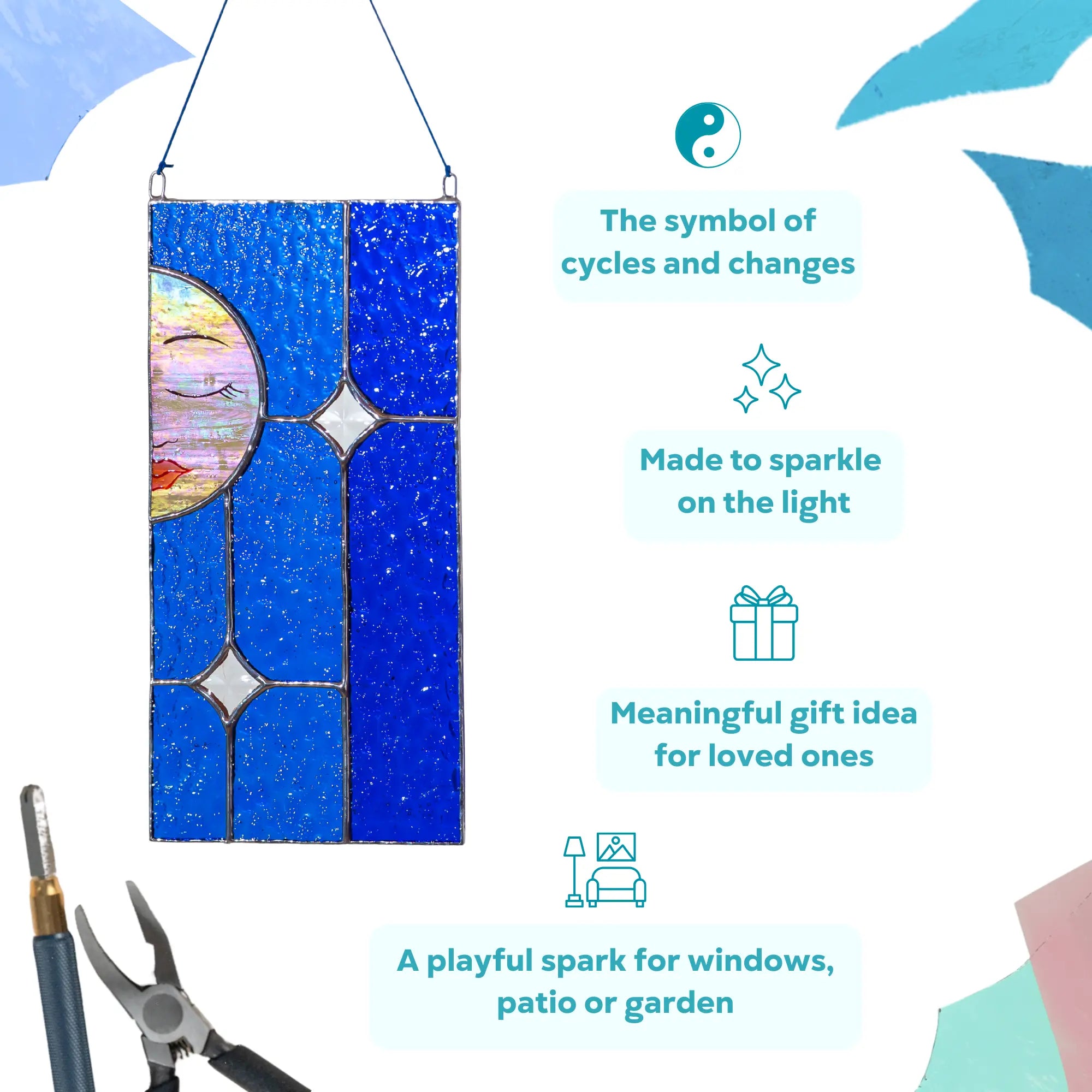 Stained glass panel with blue background and celestial design, featured as a meaningful gift idea for loved ones