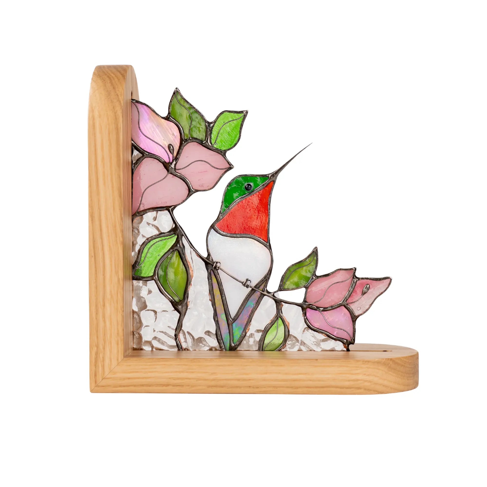 Stained glass hummingbird bookend with red and green glass bird, pink flowers, and textured clear glass, set in a natural wooden base.