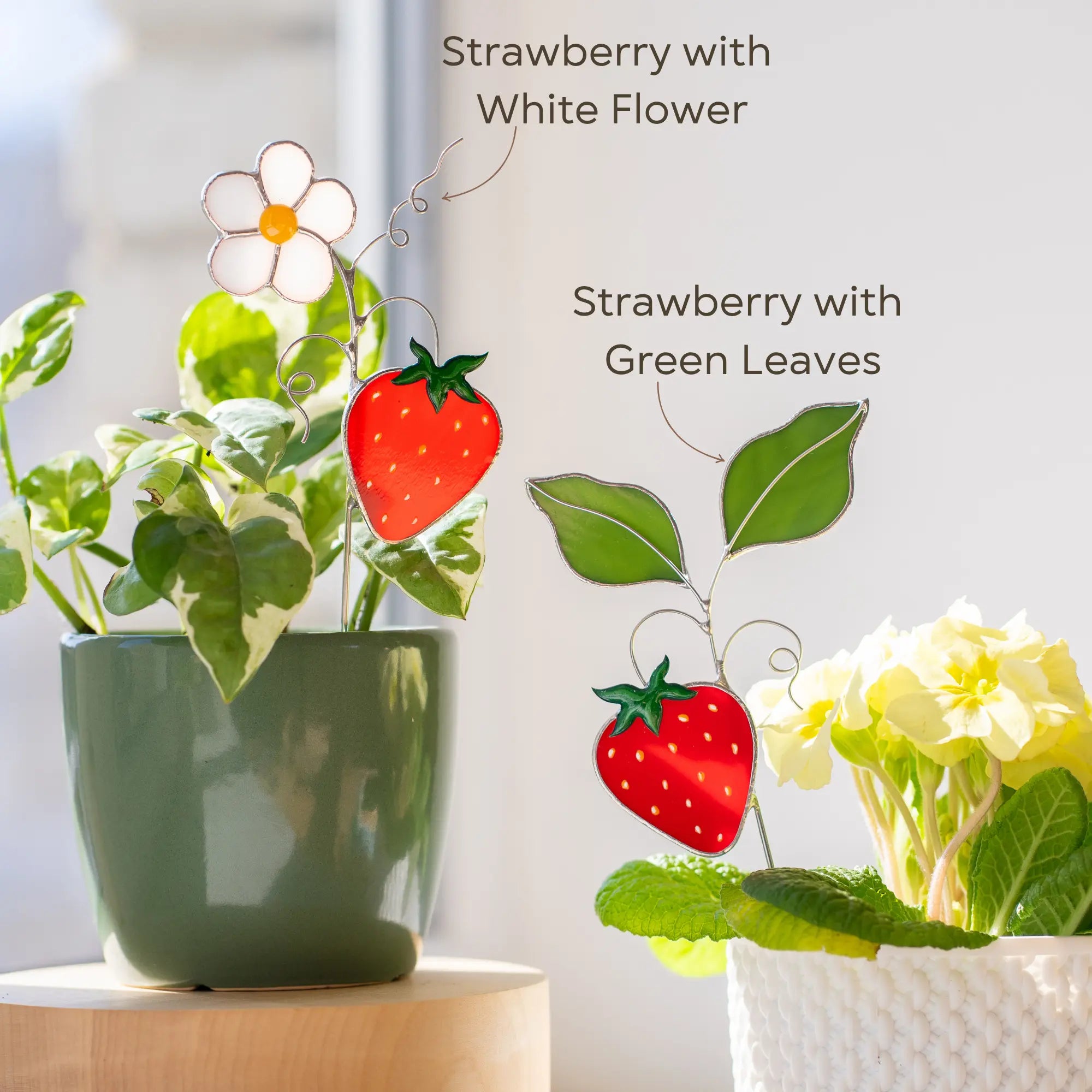 Variation of two stained glass strawberry and flower plant stakes with text labels on a light background