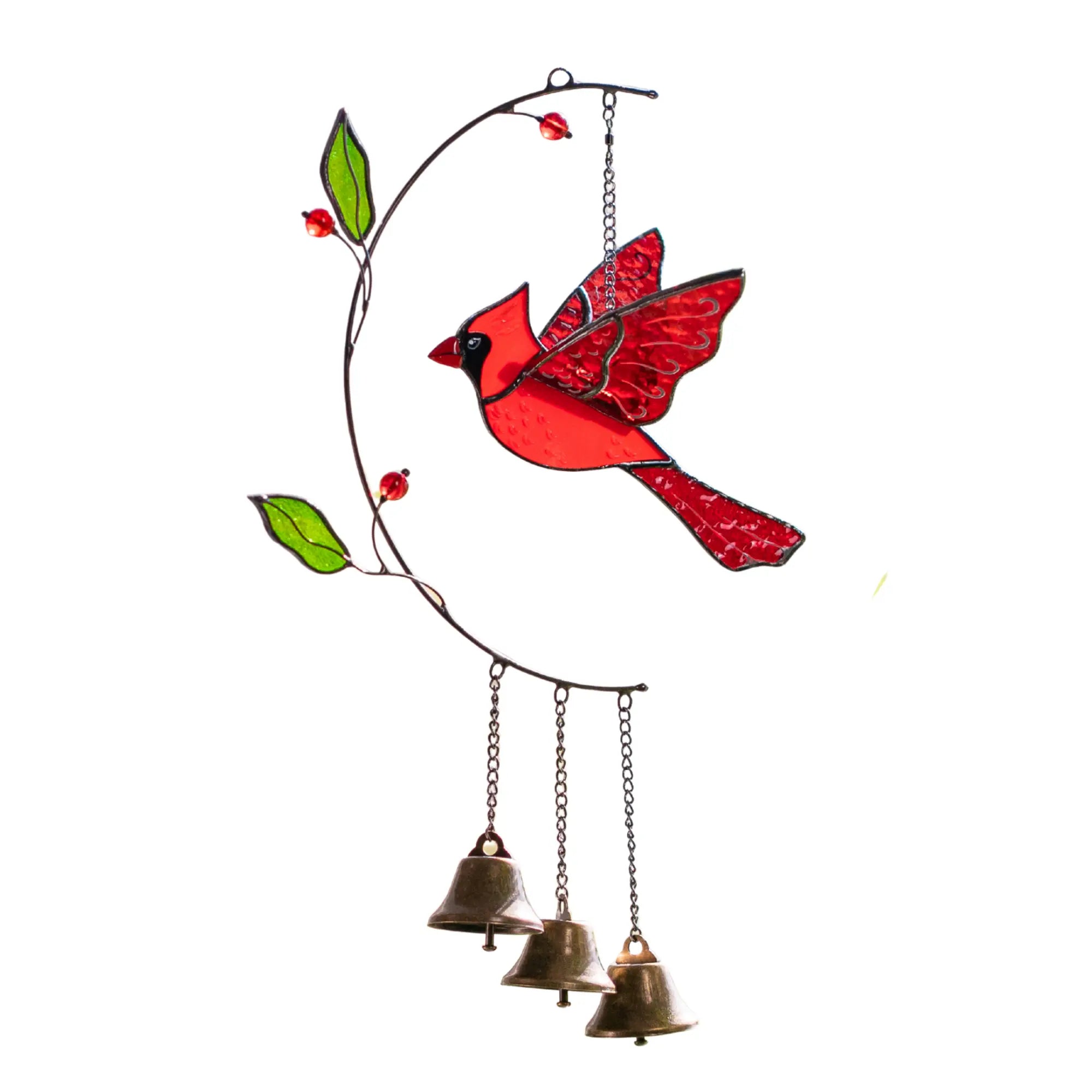 Stained glass wind chime with a red bird design on a white background