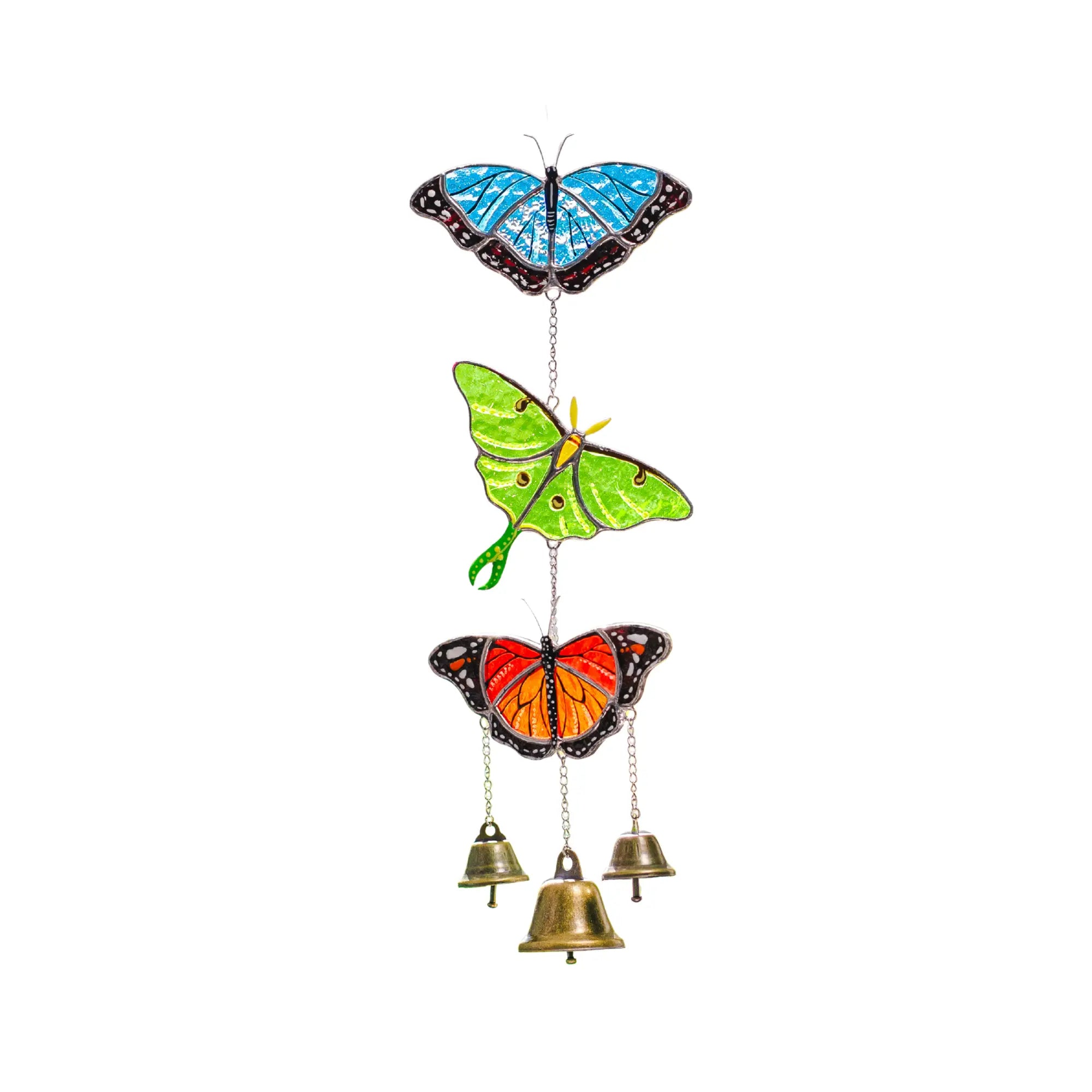 Decorative stained glass wind chime with butterfly designs on a white background