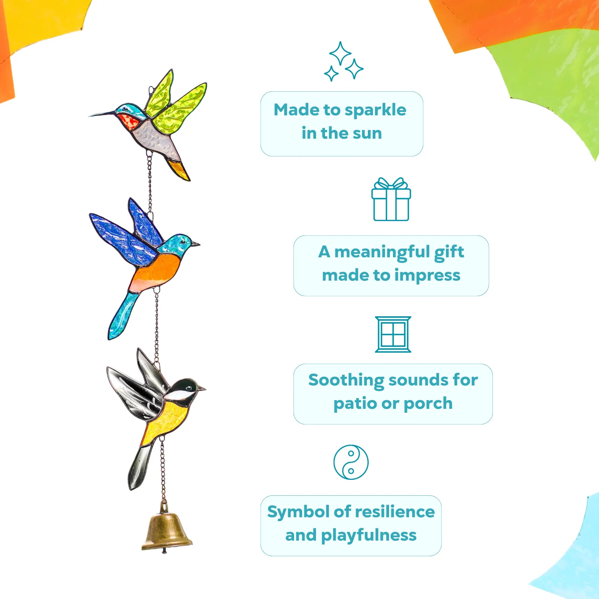 Stained glass wind chime with colorful birds and a bell, as a meaningful gift idea