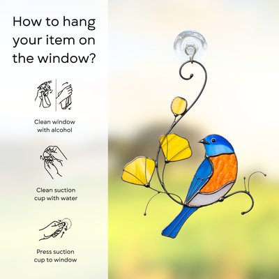 Illustrated instructions showing how to attach a stained glass suncatcher with a suction cup