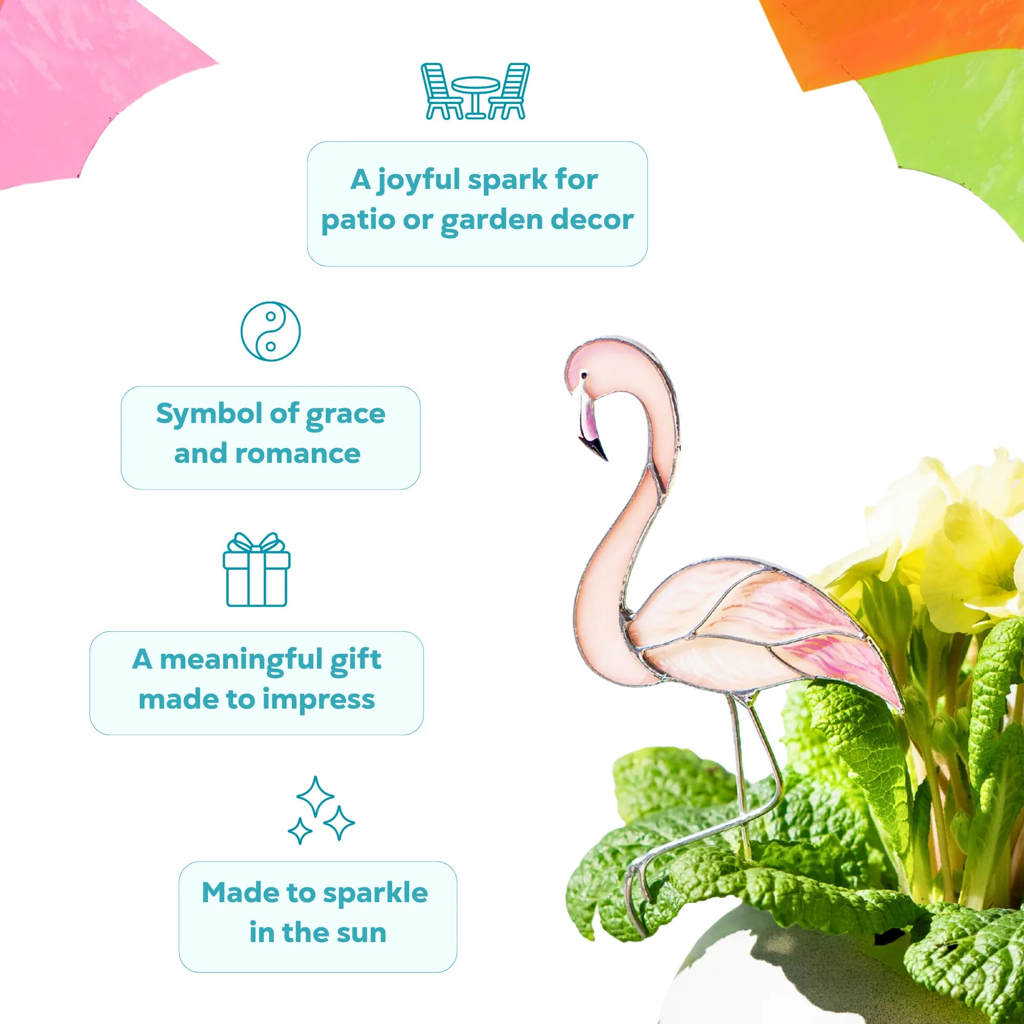 Pink flamingo stained glass plant stake as a meaningful gift made to impress