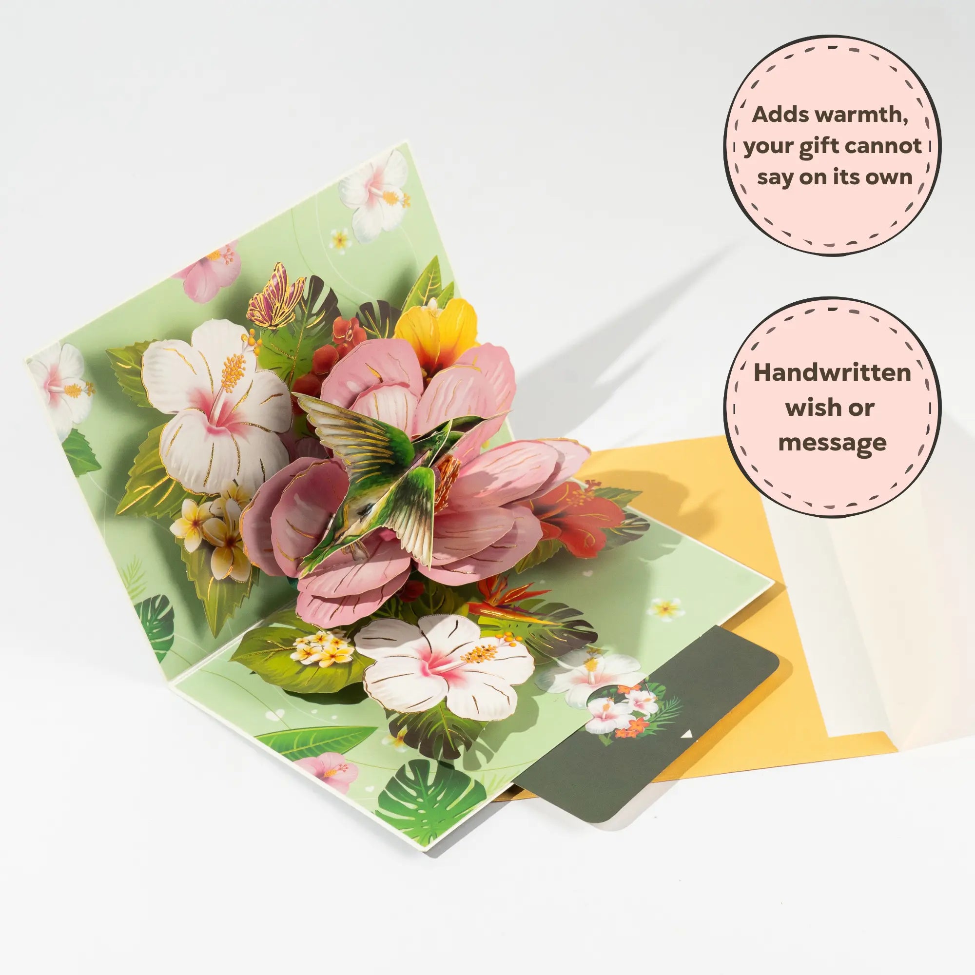 Greeting card with 3d flowers and hummingbird on a white background