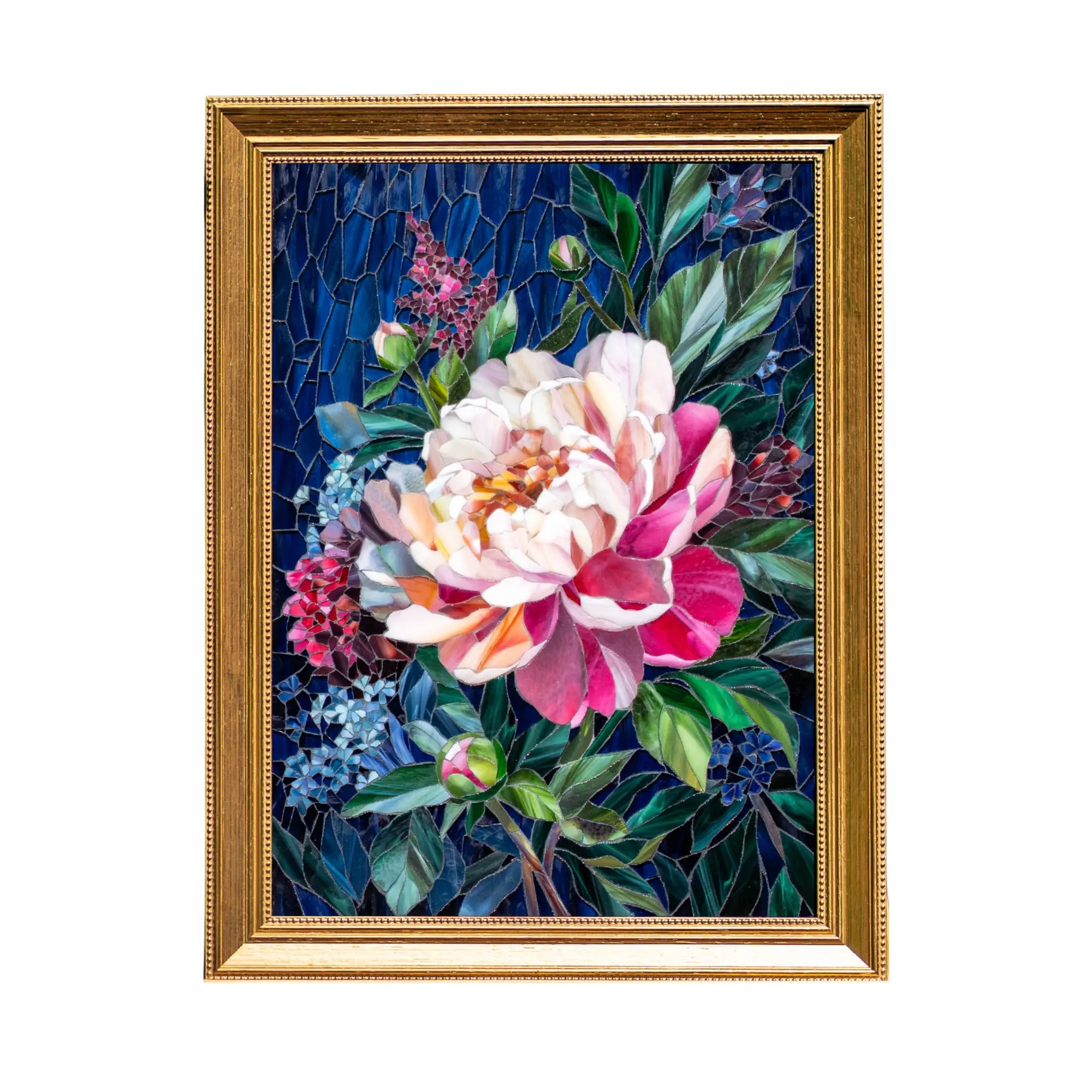 Framed stained glass mosaic of a colorful floral bouquet with a gold frame on a white background