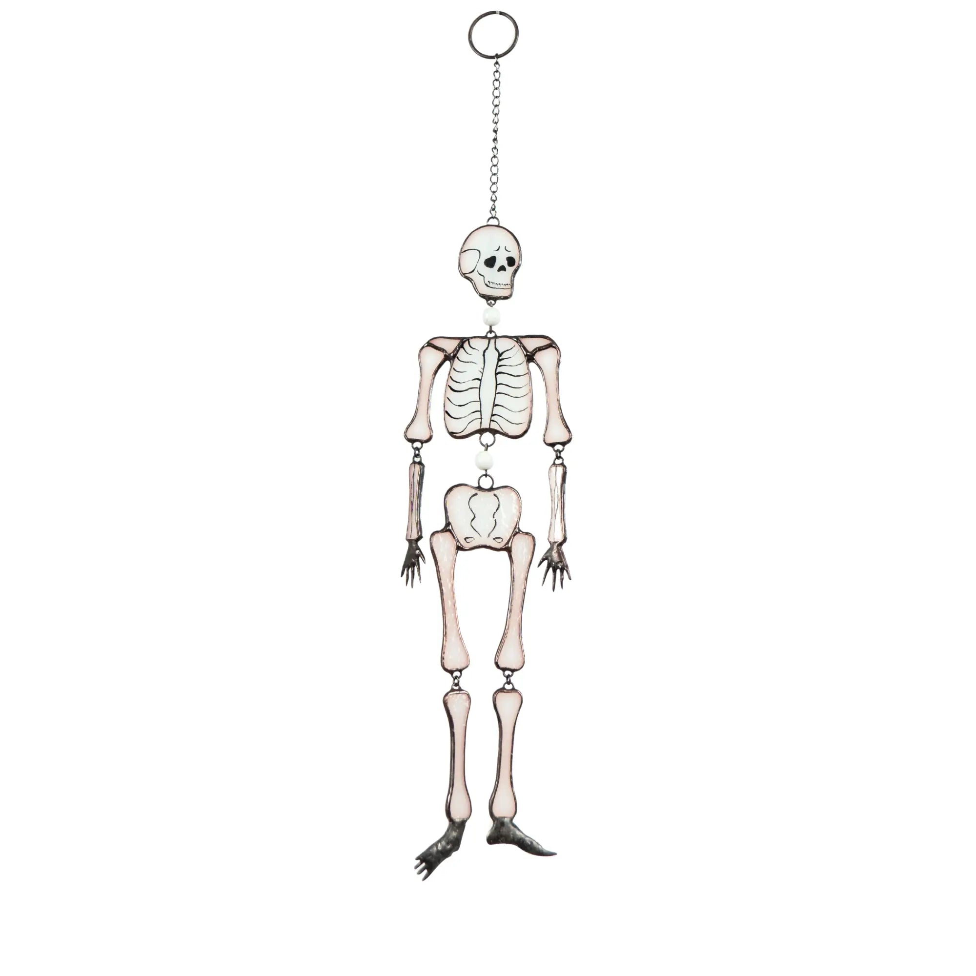 Entire stained glass skeleton shown with hanging ring, perfect Halloween gift