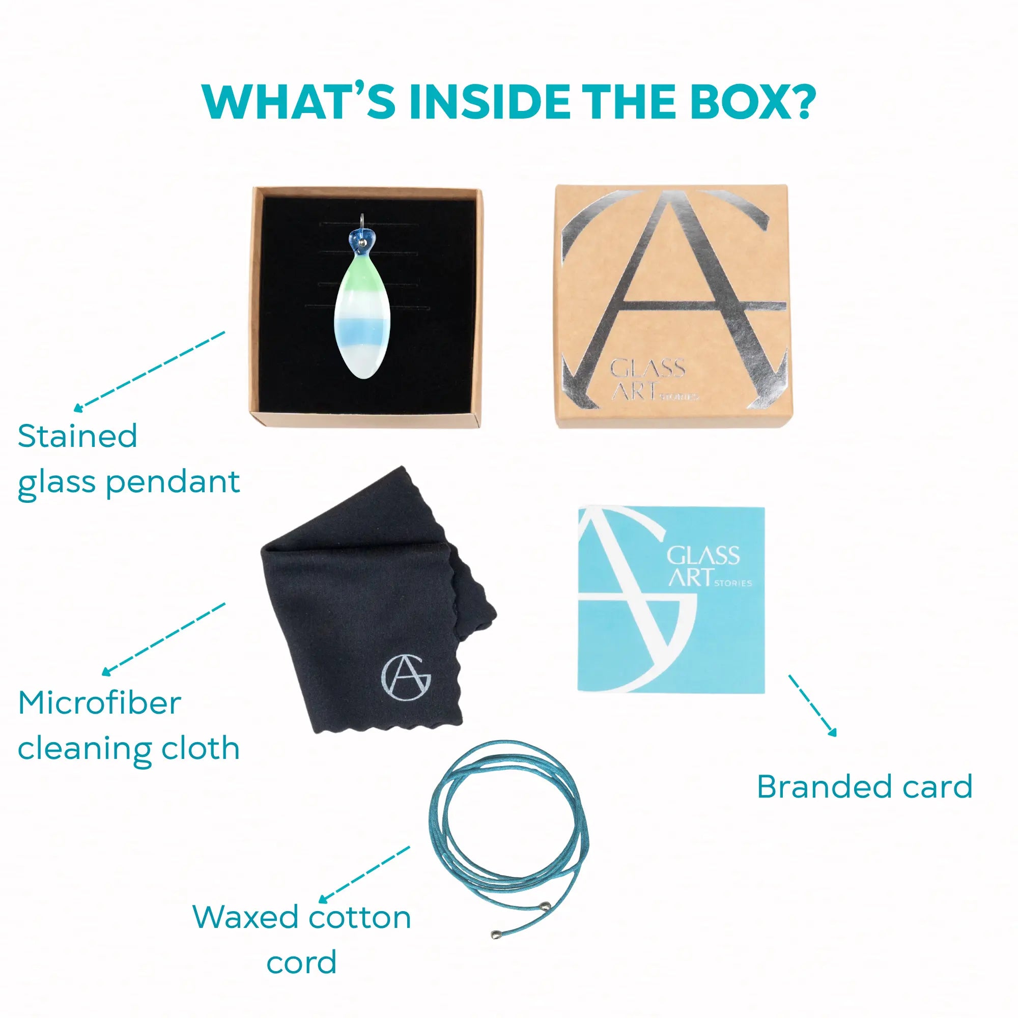 Items included in a box with stained glass pendant, microfiber cleaning cloth, waxed cotton cord, and branded card.