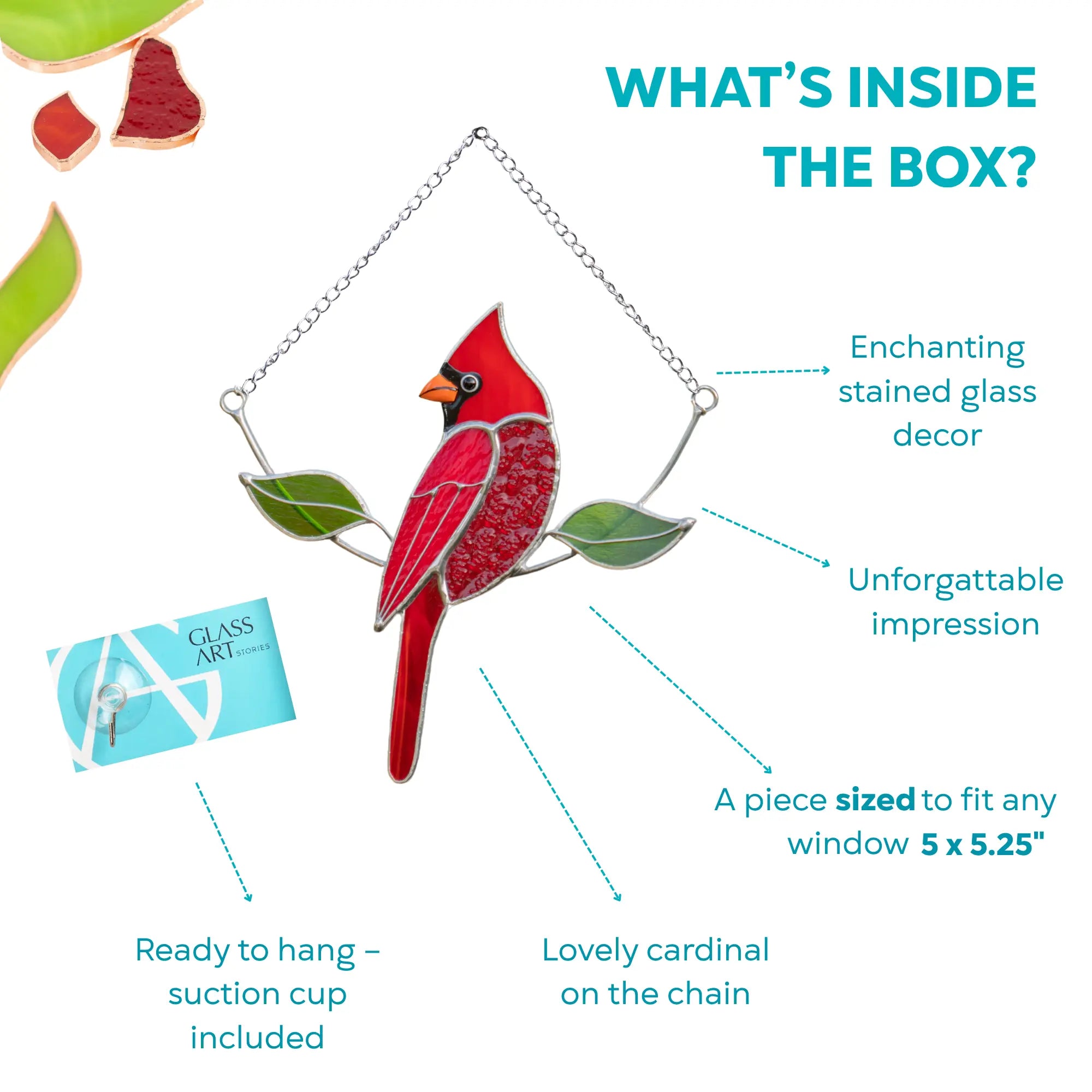 Red stained glass cardinal in branded packaging with chain and glass leaf details