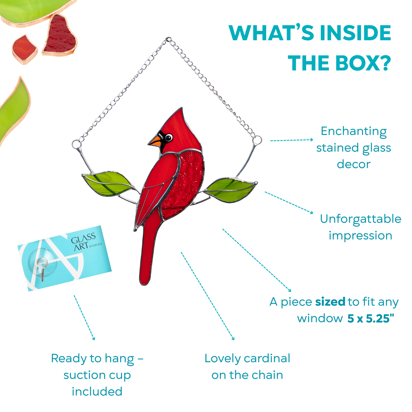 Red stained glass cardinal in branded packaging with chain and glass leaf details, labeled content