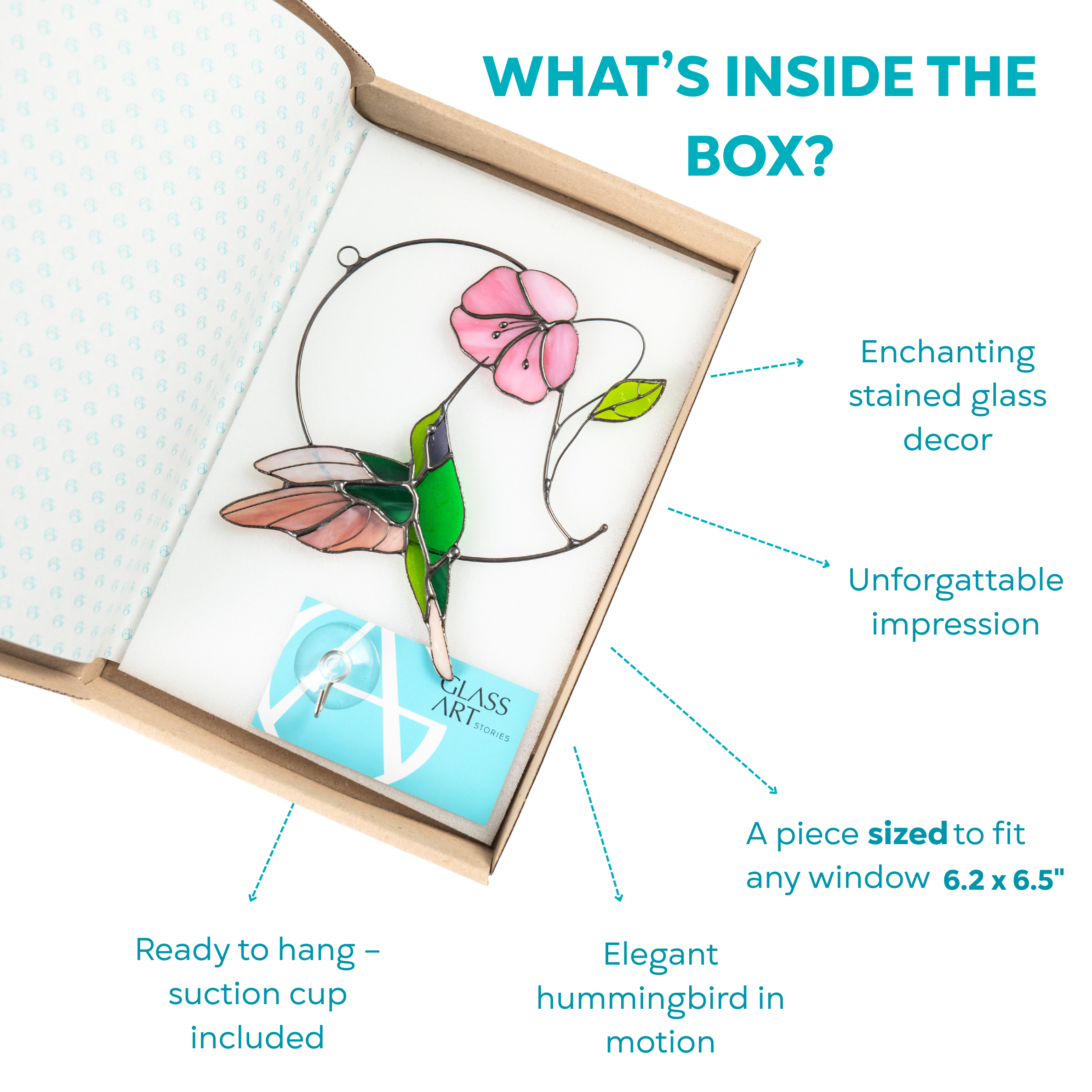 Pink flower hummingbird stained glass piece packed in branded box with hanger and card included
