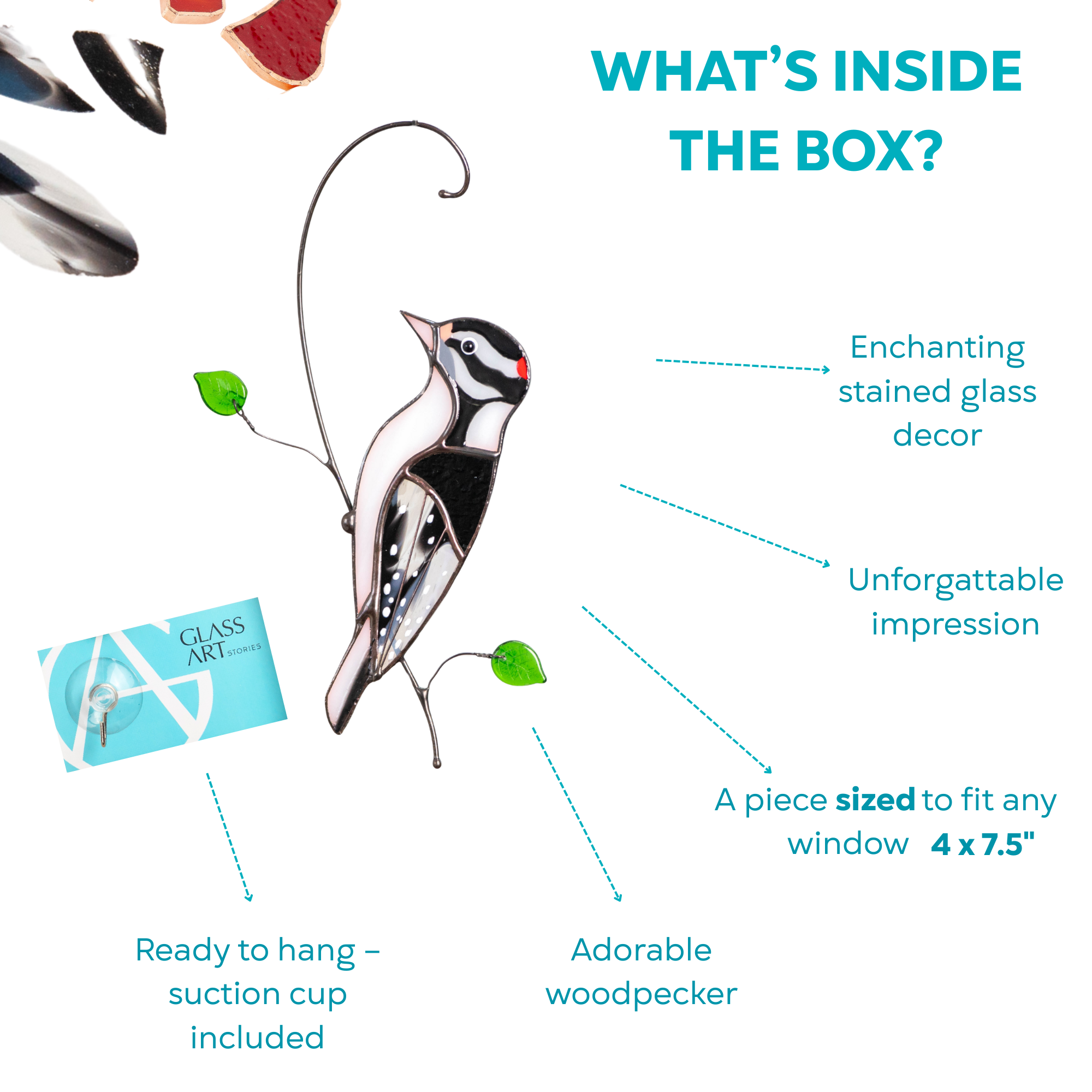 Open box showing woodpecker suncatcher with labeled features: suction cup, unforgettable gift, adorable decor, size 4x7.5"
