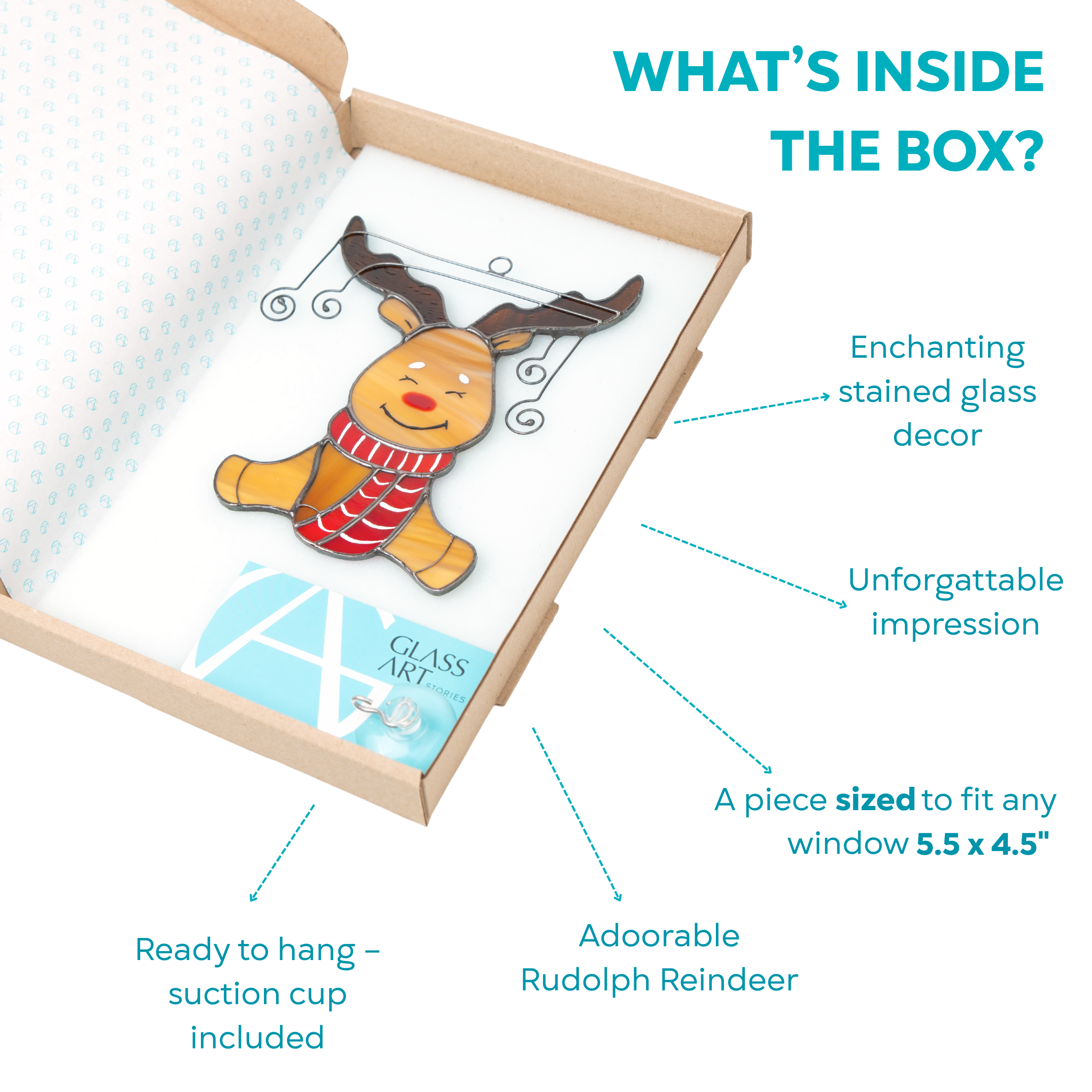 Packaging image of a stained glass reindeer in a gift box with label, hook, and decorative wrapping.