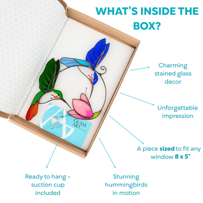 Gift box with stained glass suncatcher featuring two birds and a pink flower.