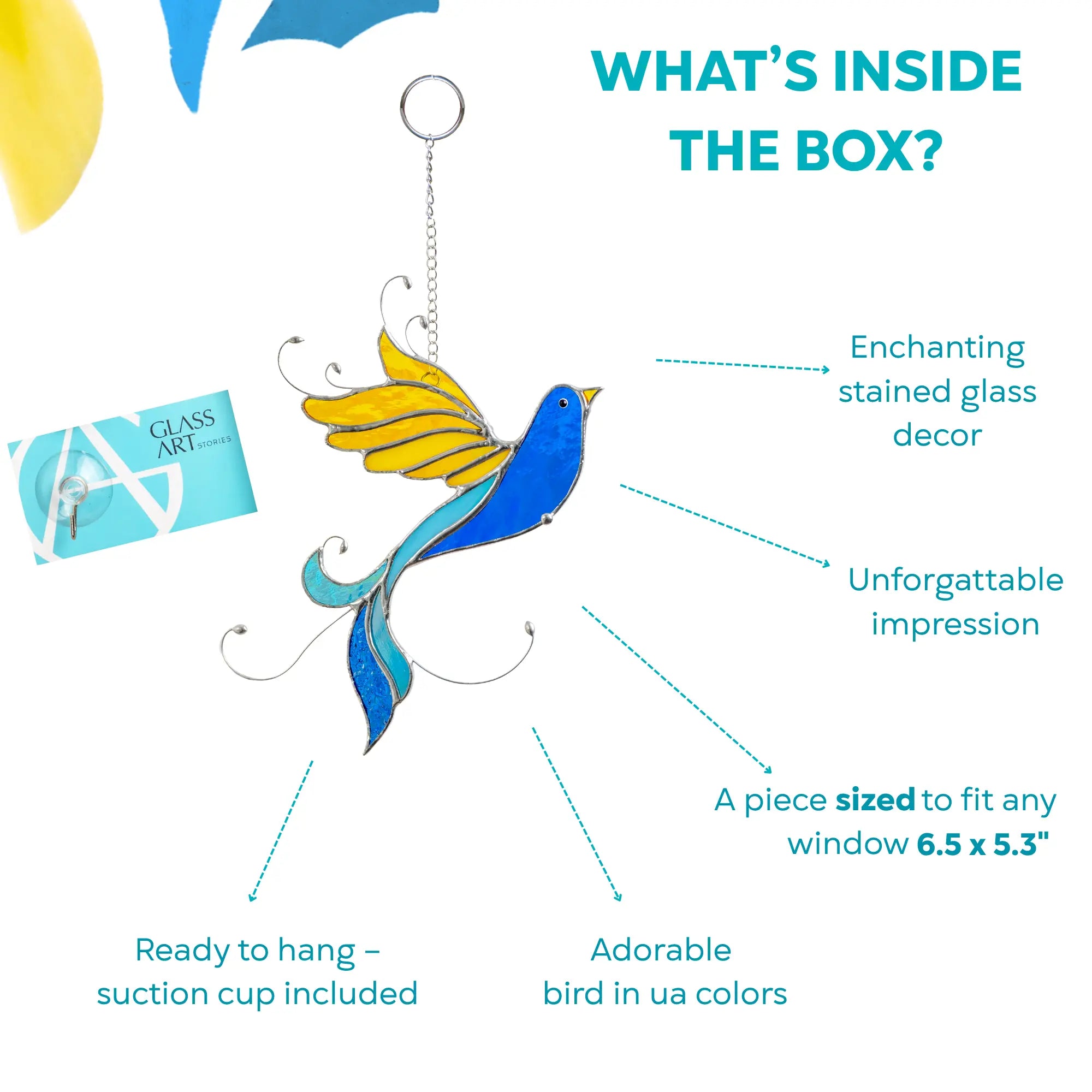 Infographic with stained glass bird and notes: ready to hang, unforgettable impression, fits any window.