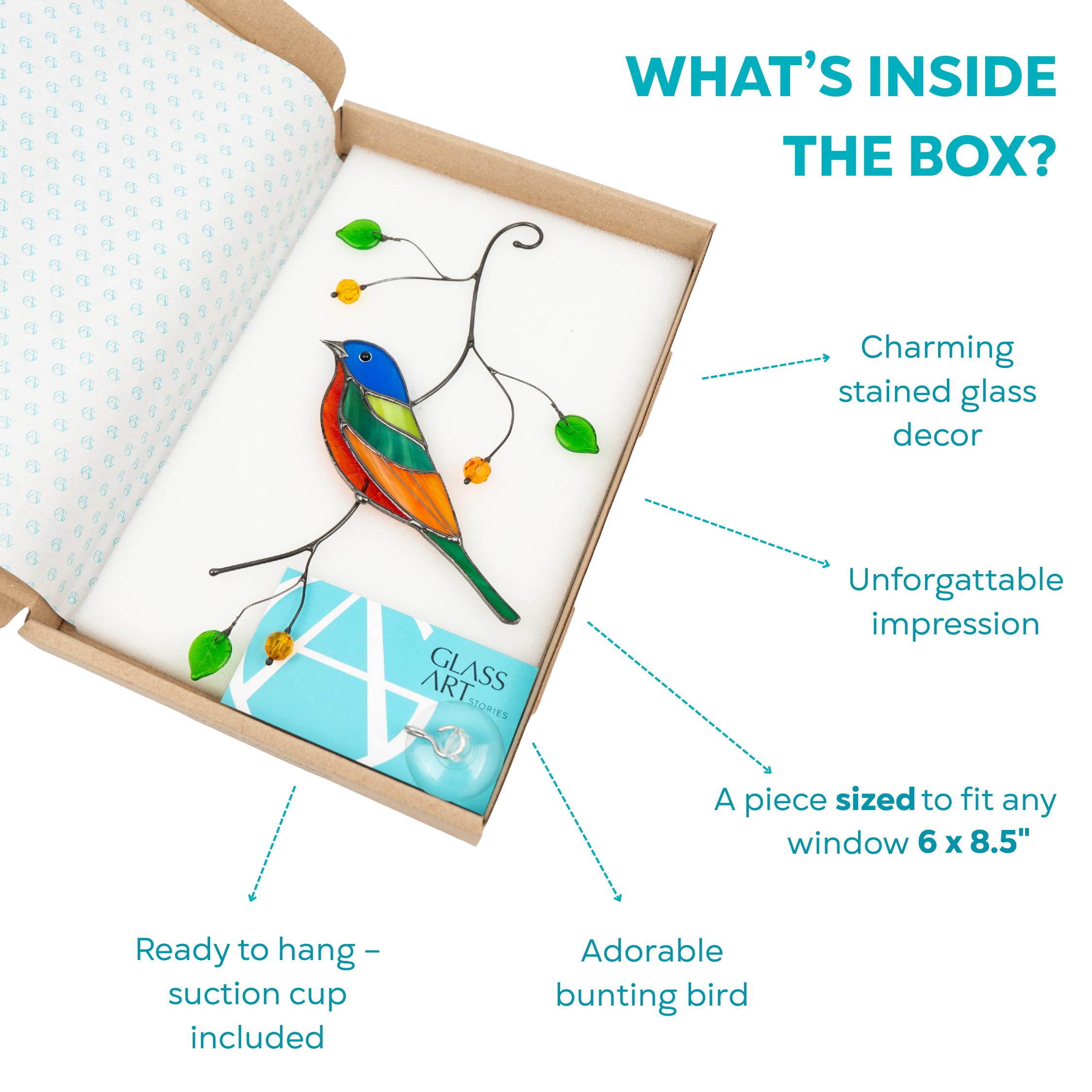  Open packaging box with stained glass bunting bird, suction cup, and decorative leaves and beads.