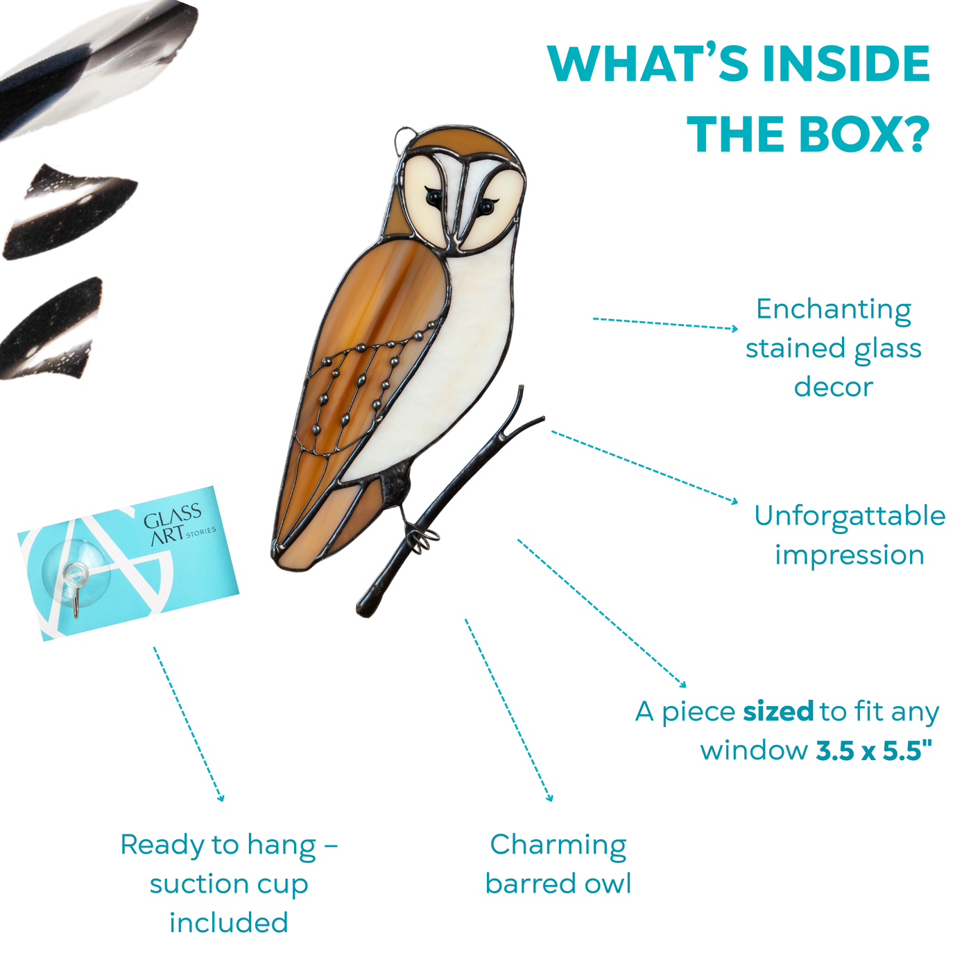 Stained glass owl suncatcher with box contents: decor, suction cup, and brand card