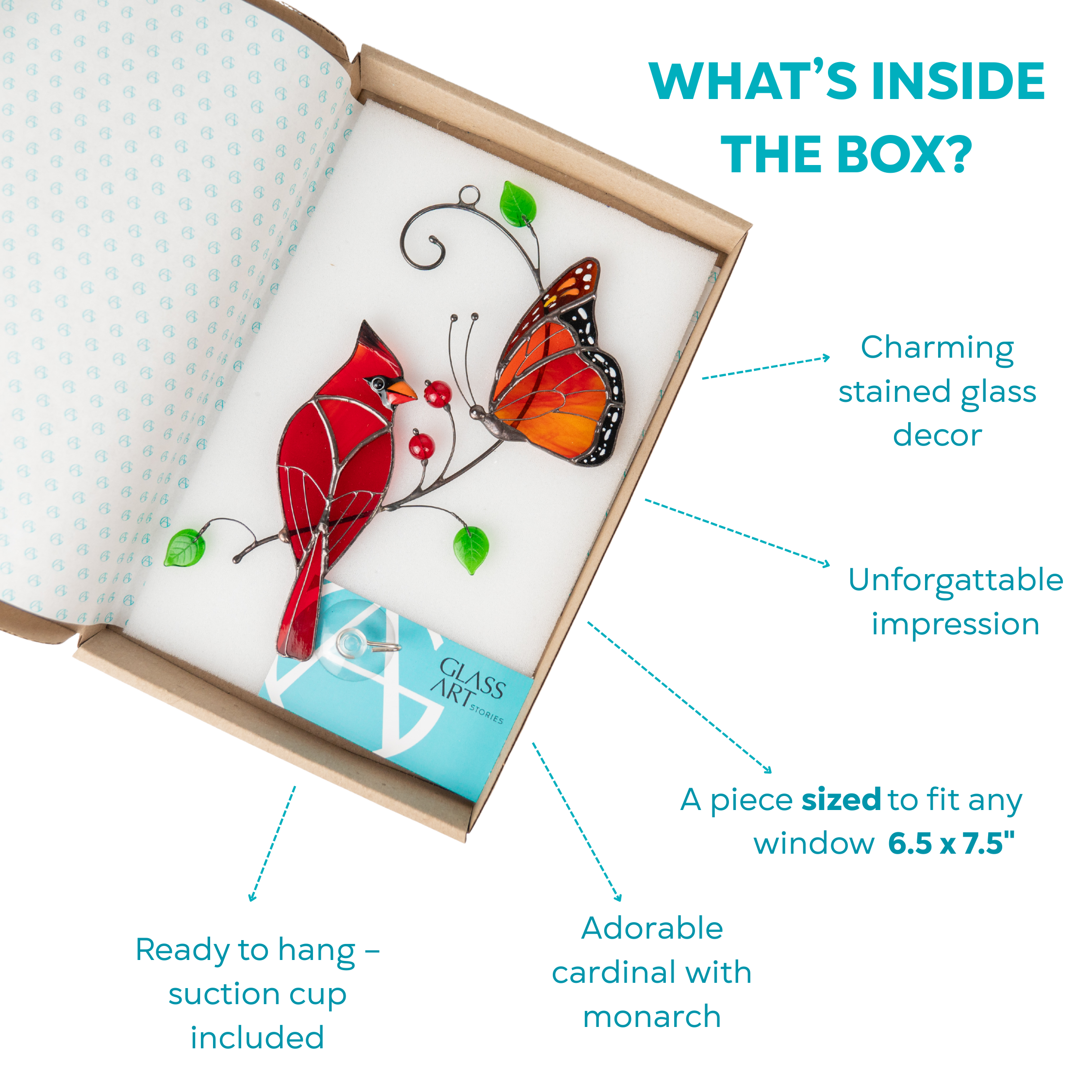 Stained glass cardinal and monarch butterfly set in a decorative gift box with suction cup attachment.