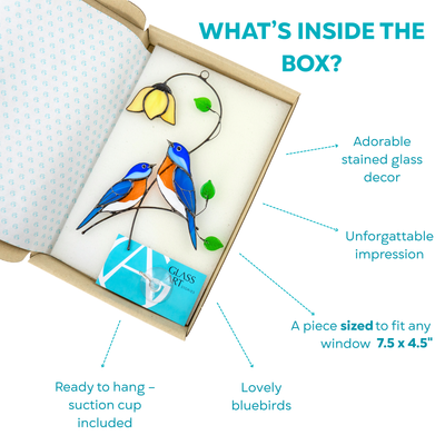 Box with stained glass bluebirds and yellow flower, suction cup included.
