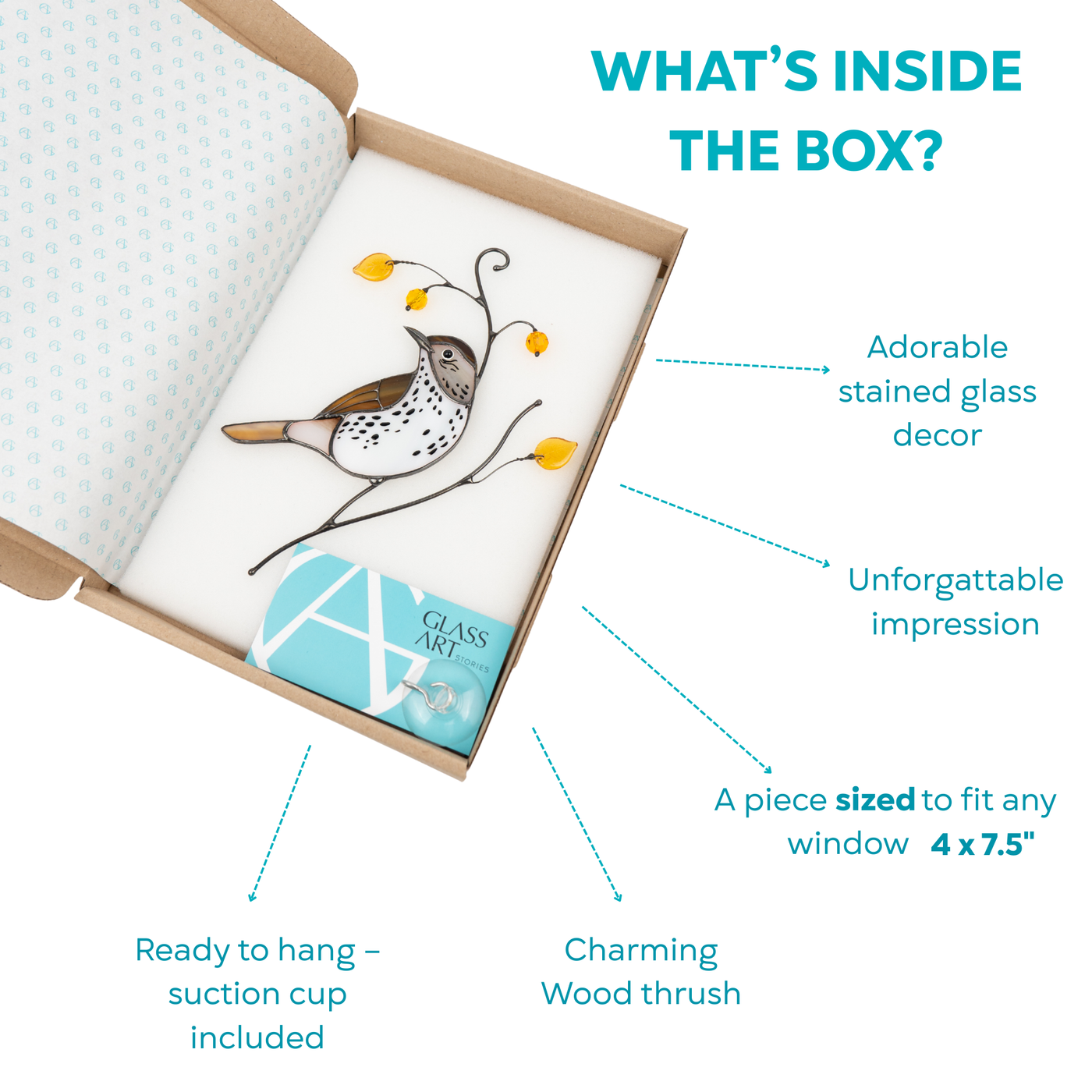 Boxed stained glass wood thrush decor with orange beads, leaf accents, and a branded card inside
