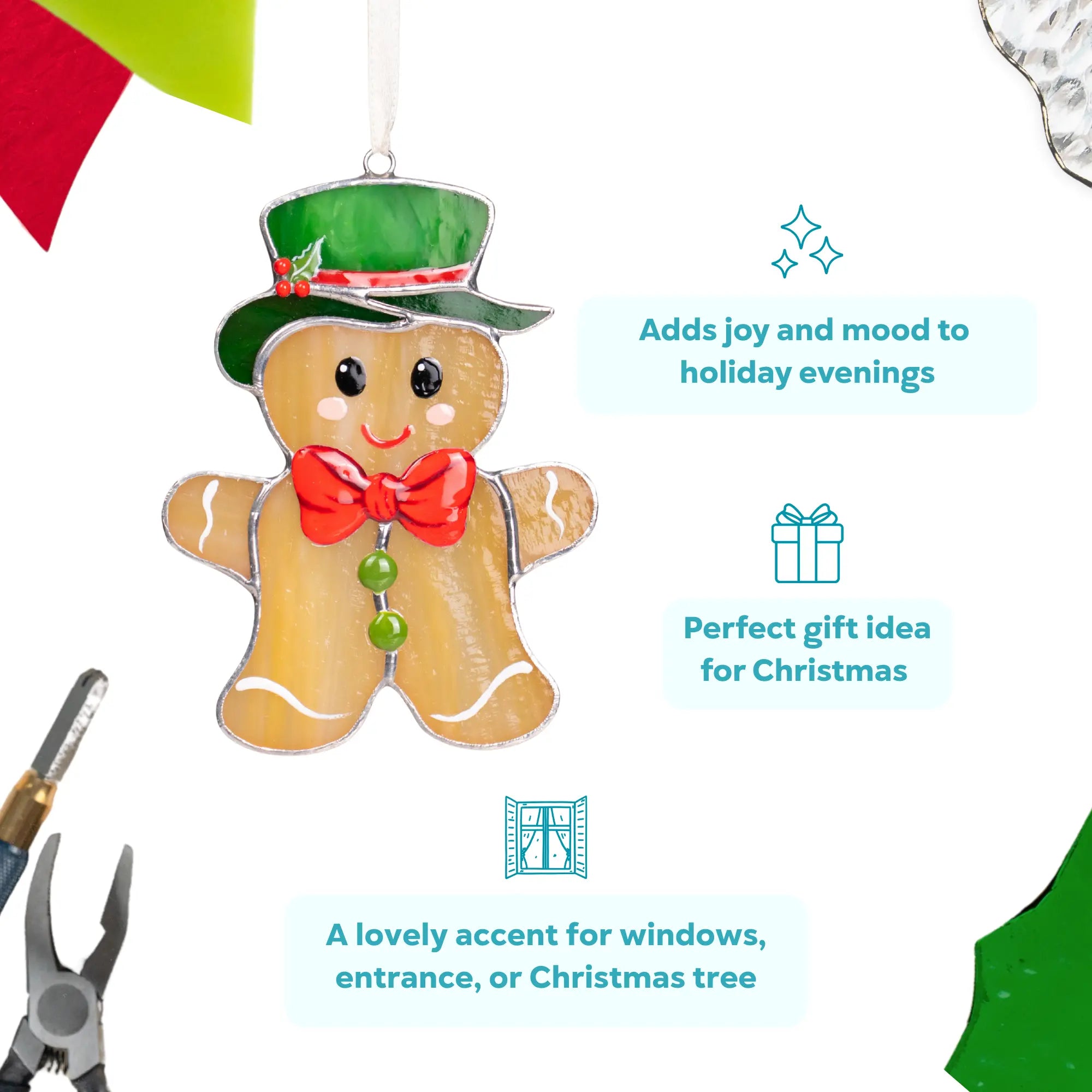 Stained glass gingerbread man with green hat and red bow shown with text about gift and home decor ideas.