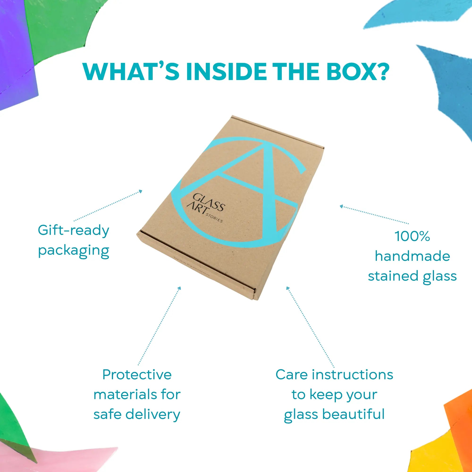 Glass Art Stories box packaging with features listed on a colorful background: gift-ready packaging with protcetive materials 