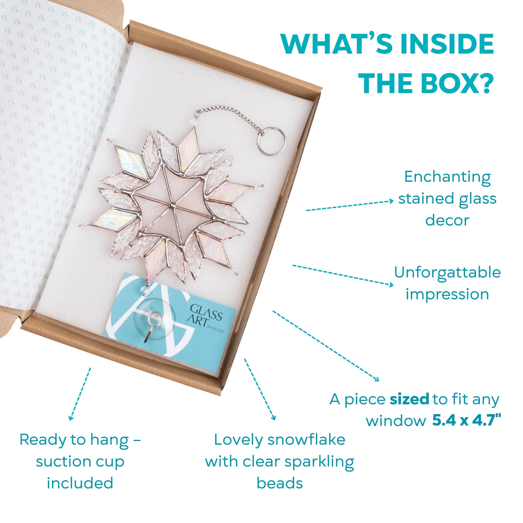 Stained glass snowflake ornament in a box with branded card and suction cup included