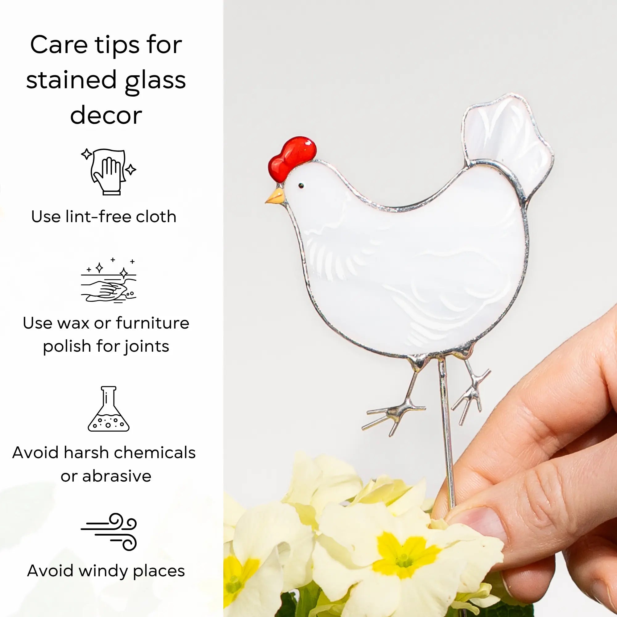 Stained glass chicken decor with care tips on a white background: use lint-free cloth, polish joints with car wax or furniture polish, avoid harsh chemicals, and windy places.
