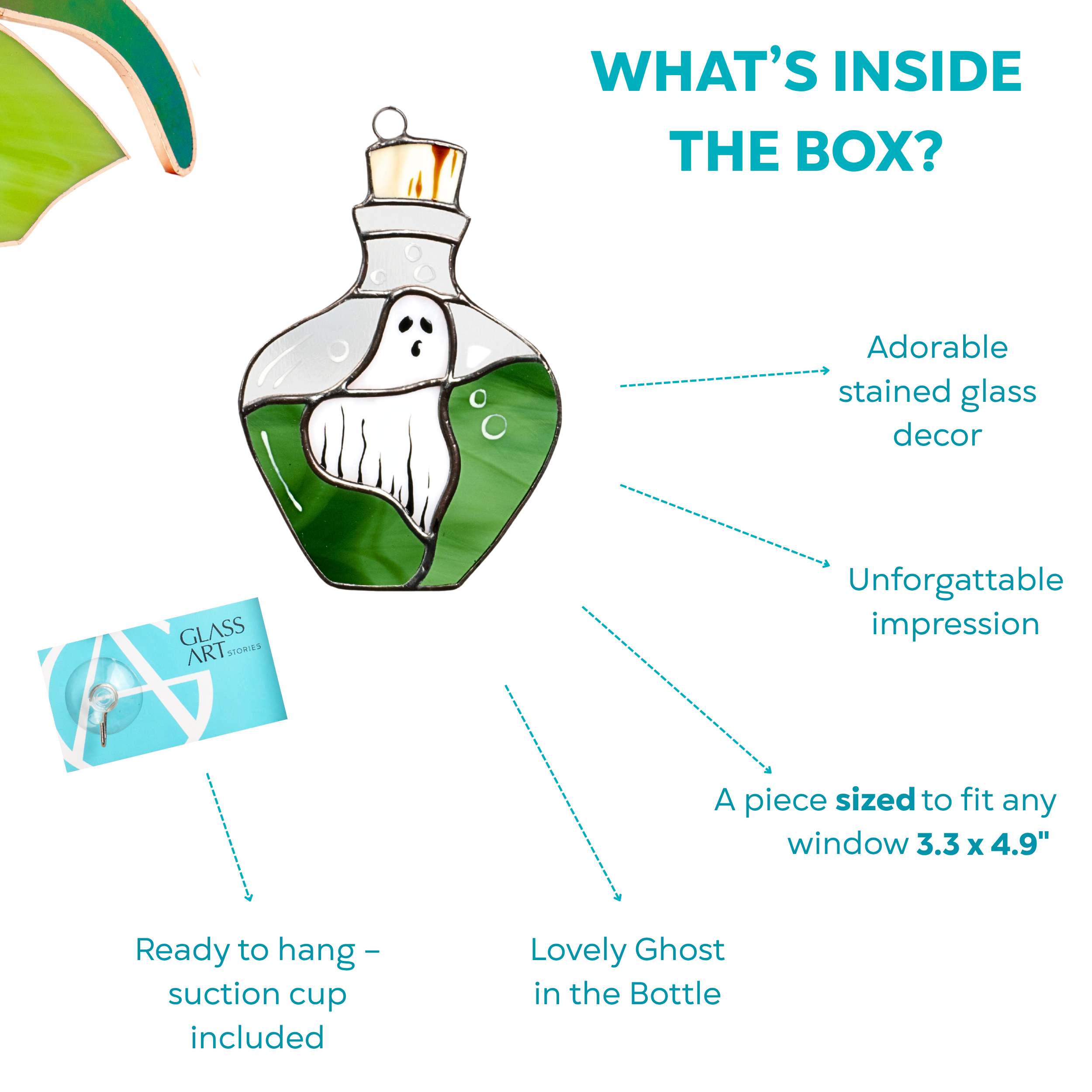 What’s inside the box infographic for stained glass ghost in a bottle, suction cup, decor dimensions, and Halloween vibes.