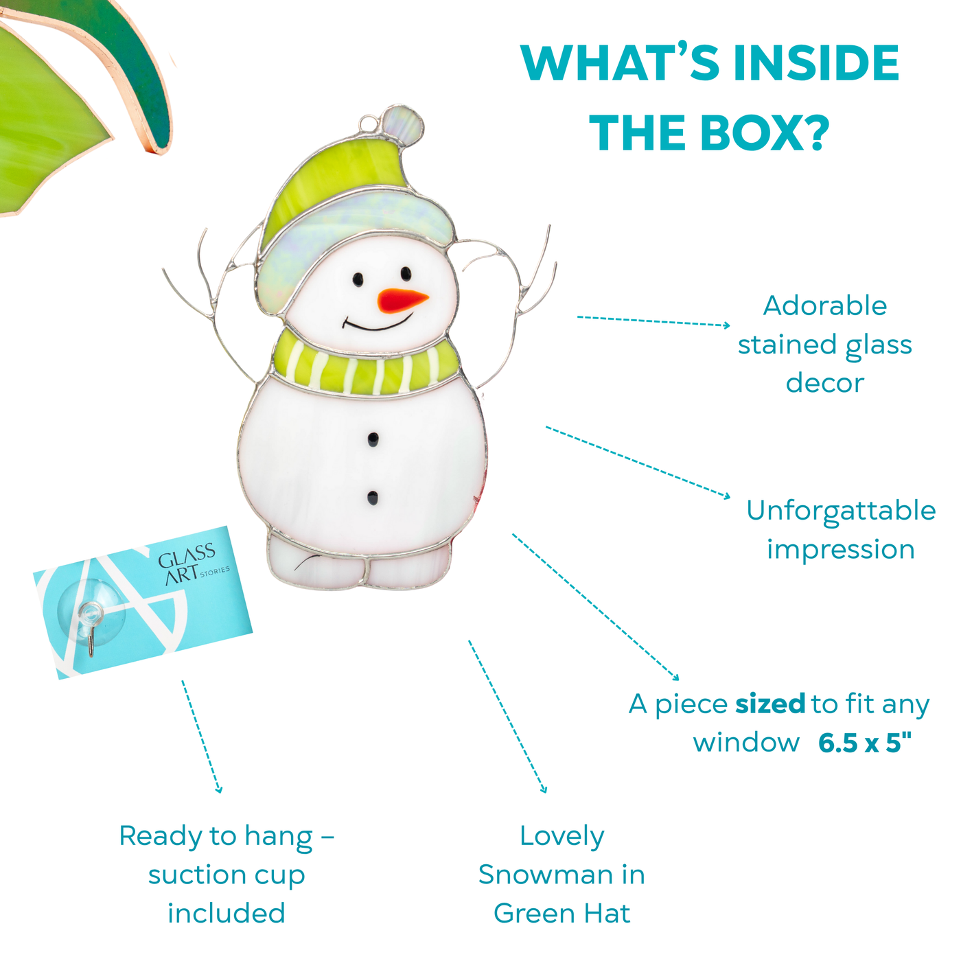 Flat lay of snowman stained glass suncatcher in gift box with hook and branding card.