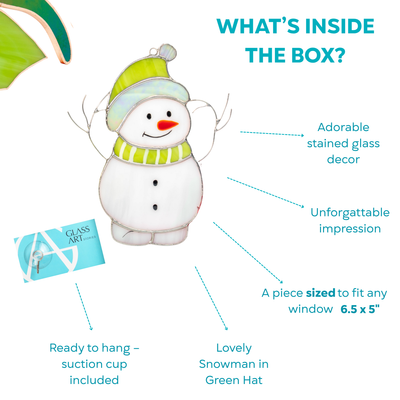 Flat lay of snowman stained glass suncatcher in gift box with hook and branding card.