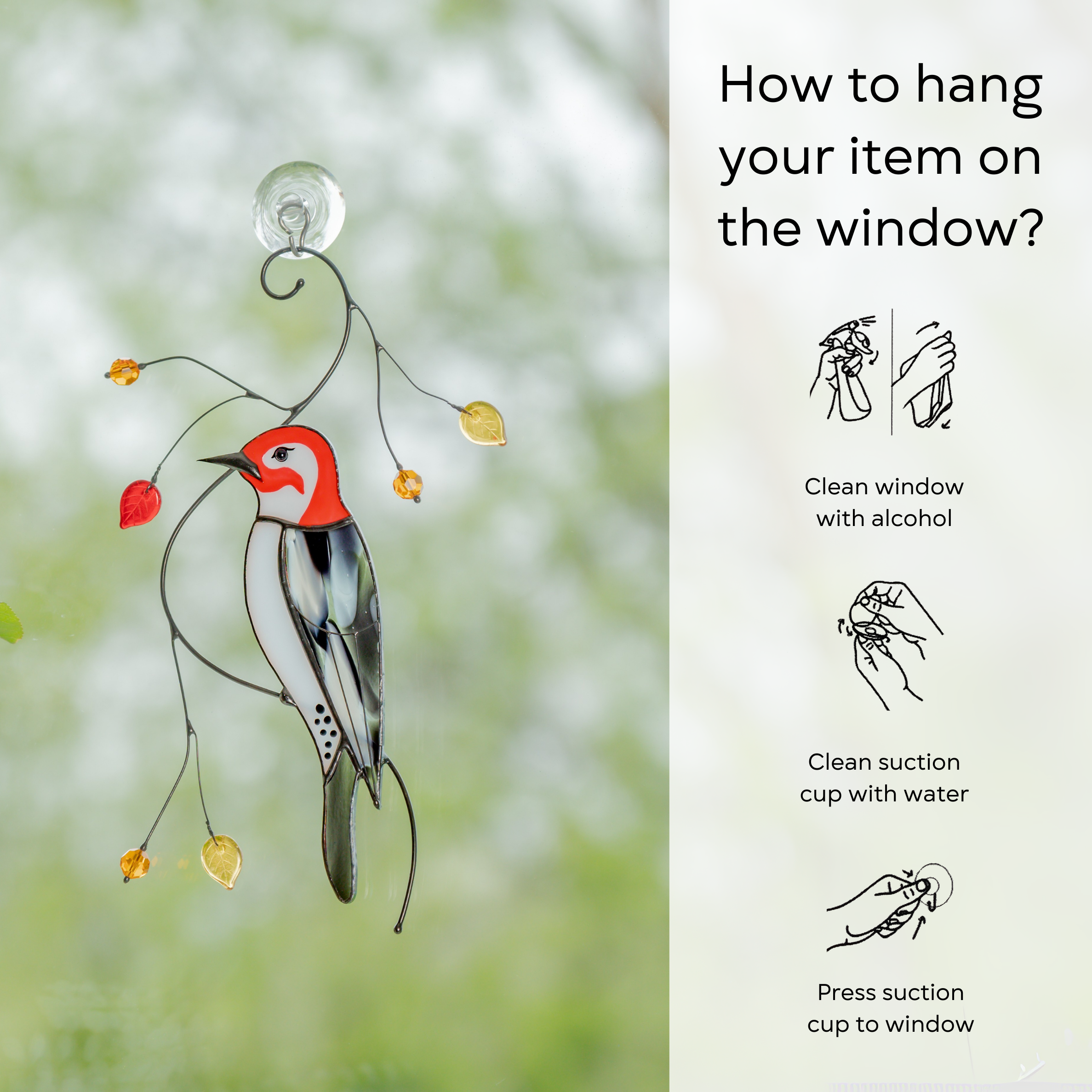Woodpecker suncatcher attached to window via suction cup, side panel shows hanging instructions step-by-step.