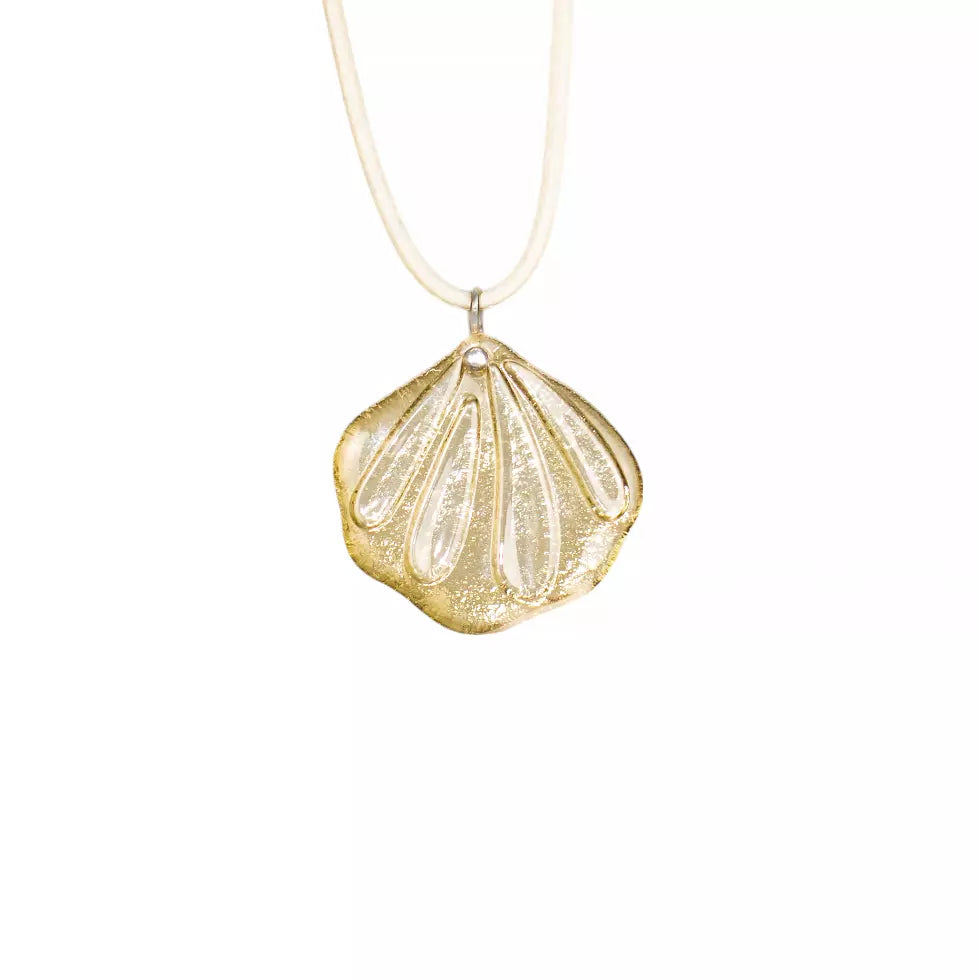Fused Golden glass shell pendant necklace on a white background