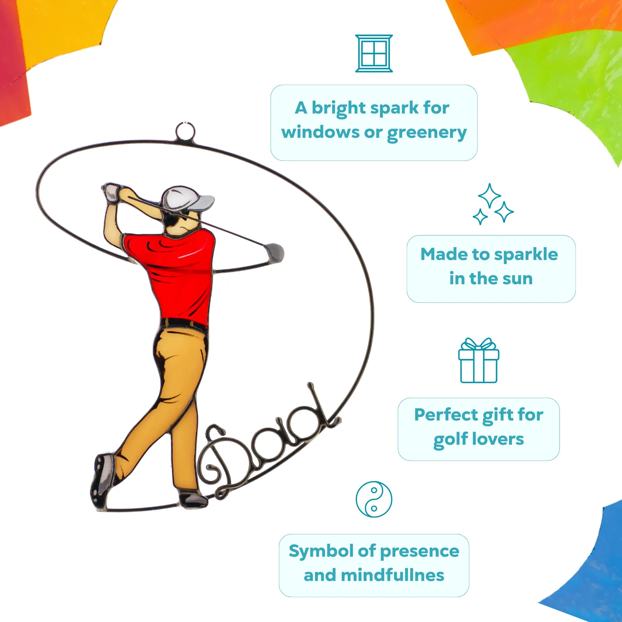 Golf-themed stained glass suncatcher with a golfer as a gift for father's day
