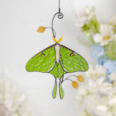 Luna moth stained glass hanging with soft white and blue floral background.