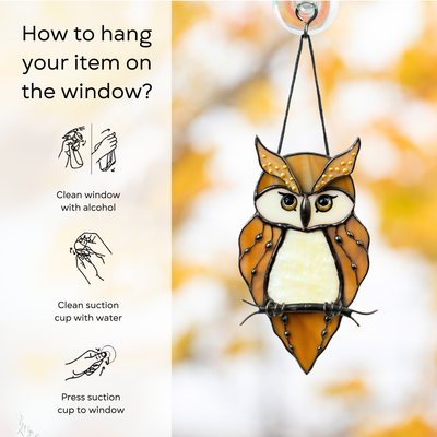 Instructional photo showing how to hang owl suncatcher with suction cup on glass: clean window and suction cup, press a cup to the surface