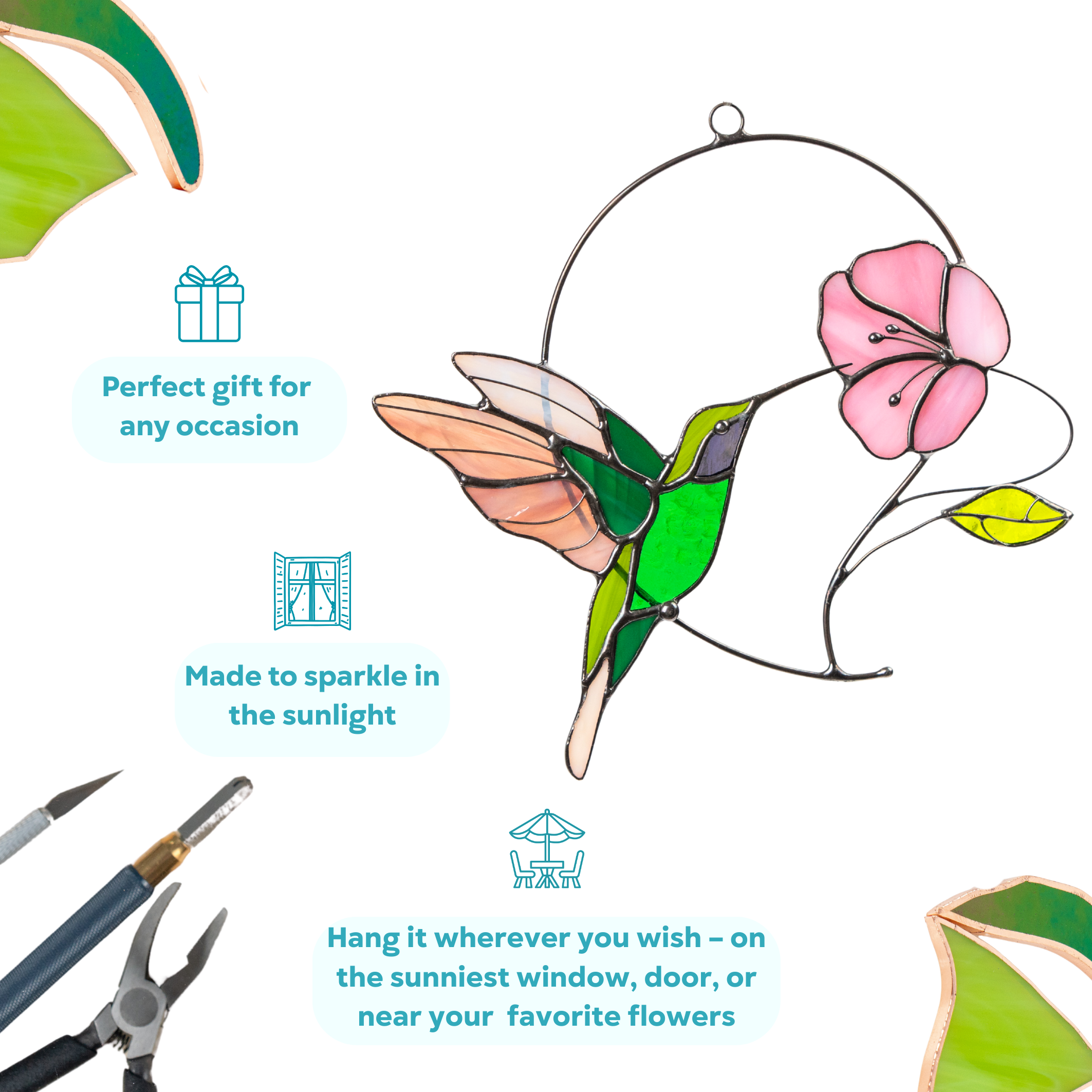 Stained glass hummingbird with pink wings and flower surrounded by tools and decorative text icons