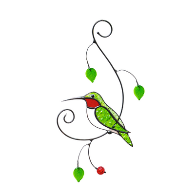 Stained glass hummingbird suncatcher with red throat and green wings.