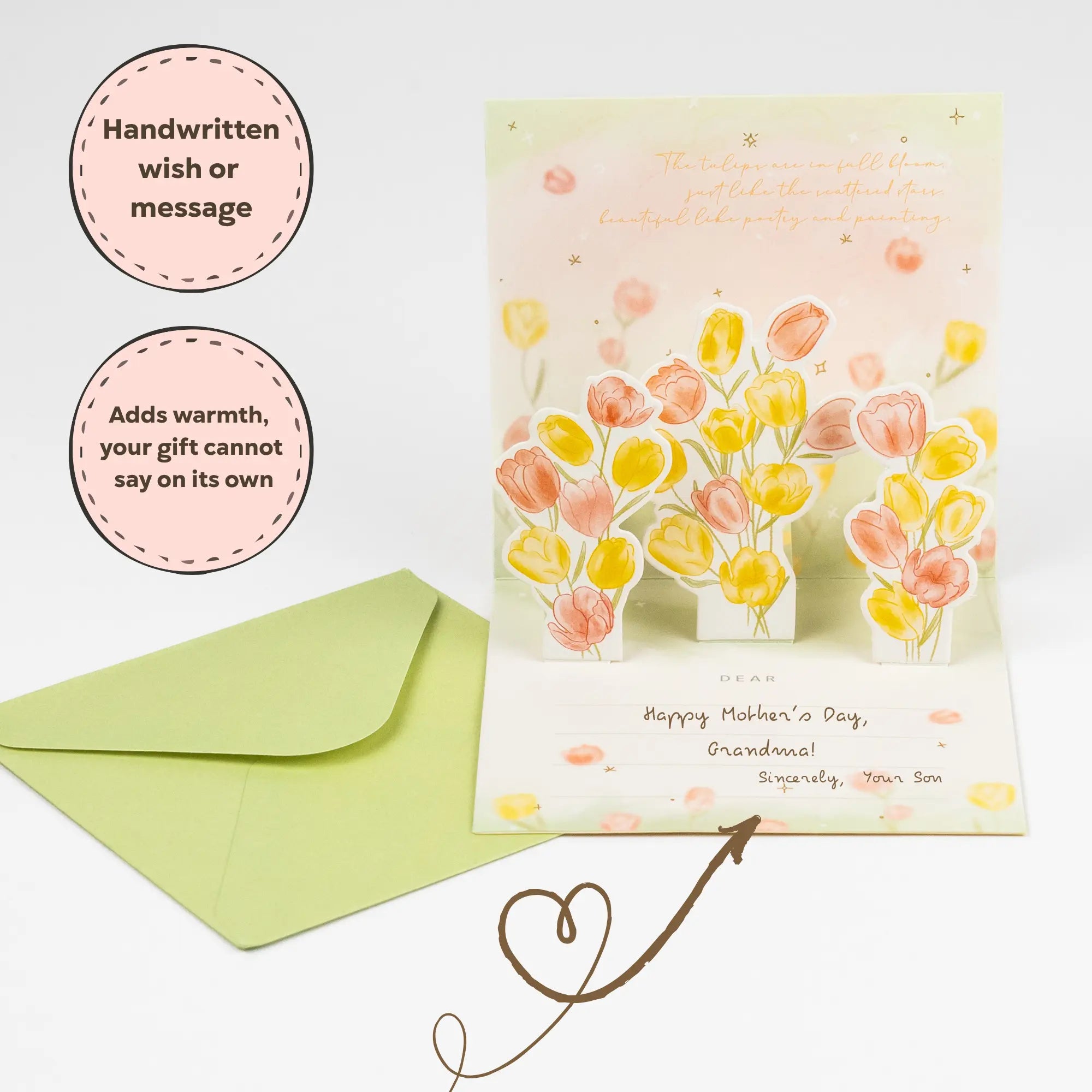 Mother's day card with floral design and envelope on a white background