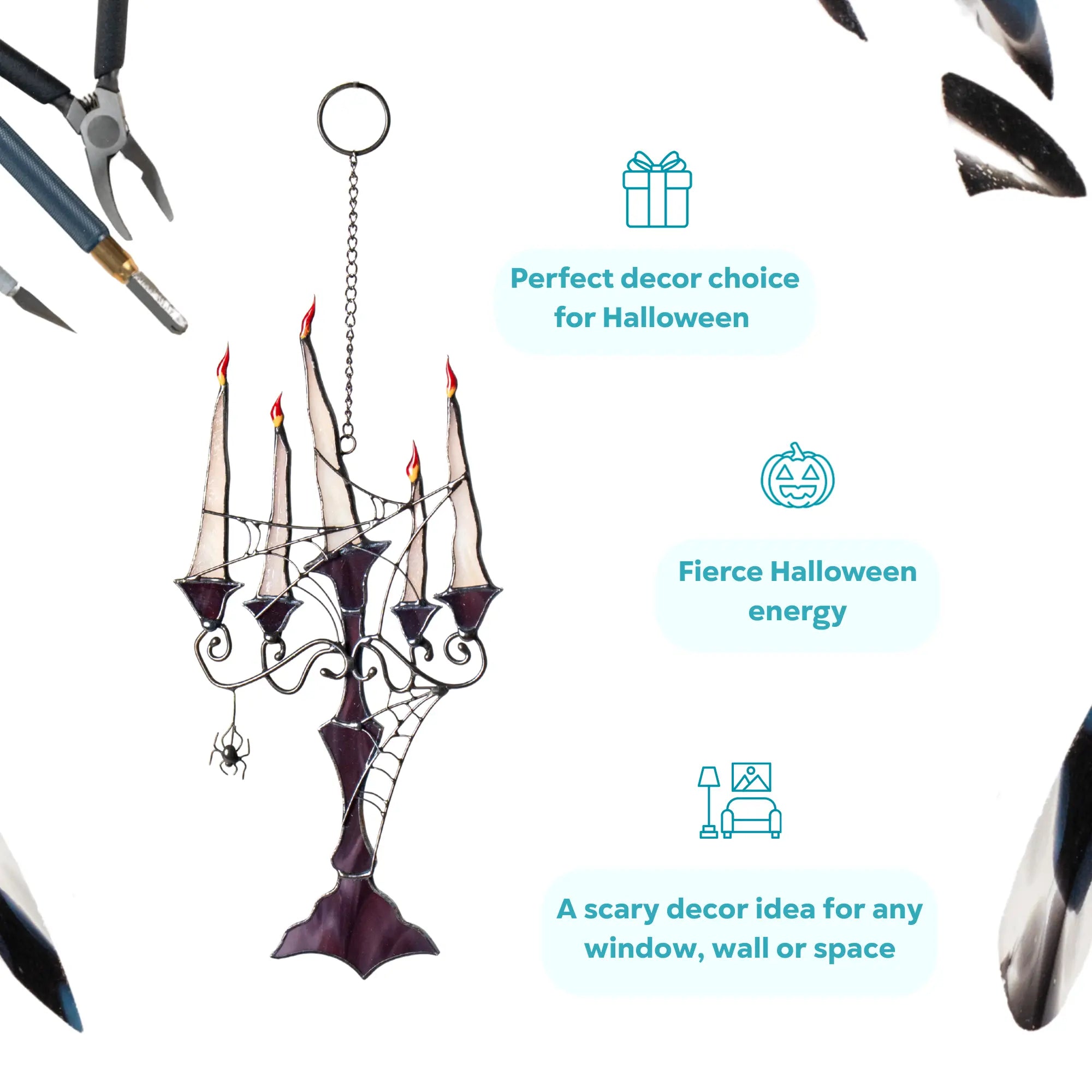 Halloween-themed candelabra stained glass decoration with tools on a white background