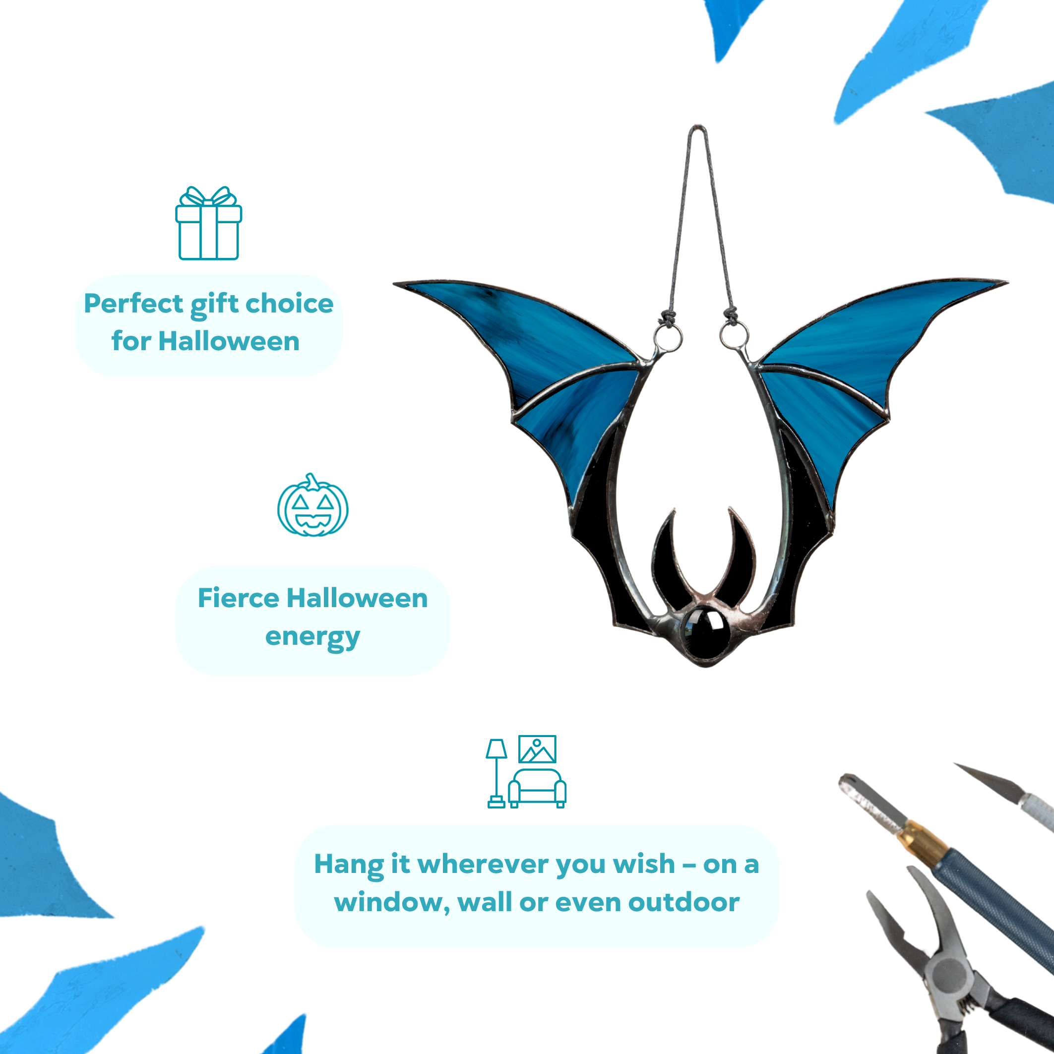 Glass bat suncatcher with blue wings and black body, featured as a perfect Halloween gift or decor idea
