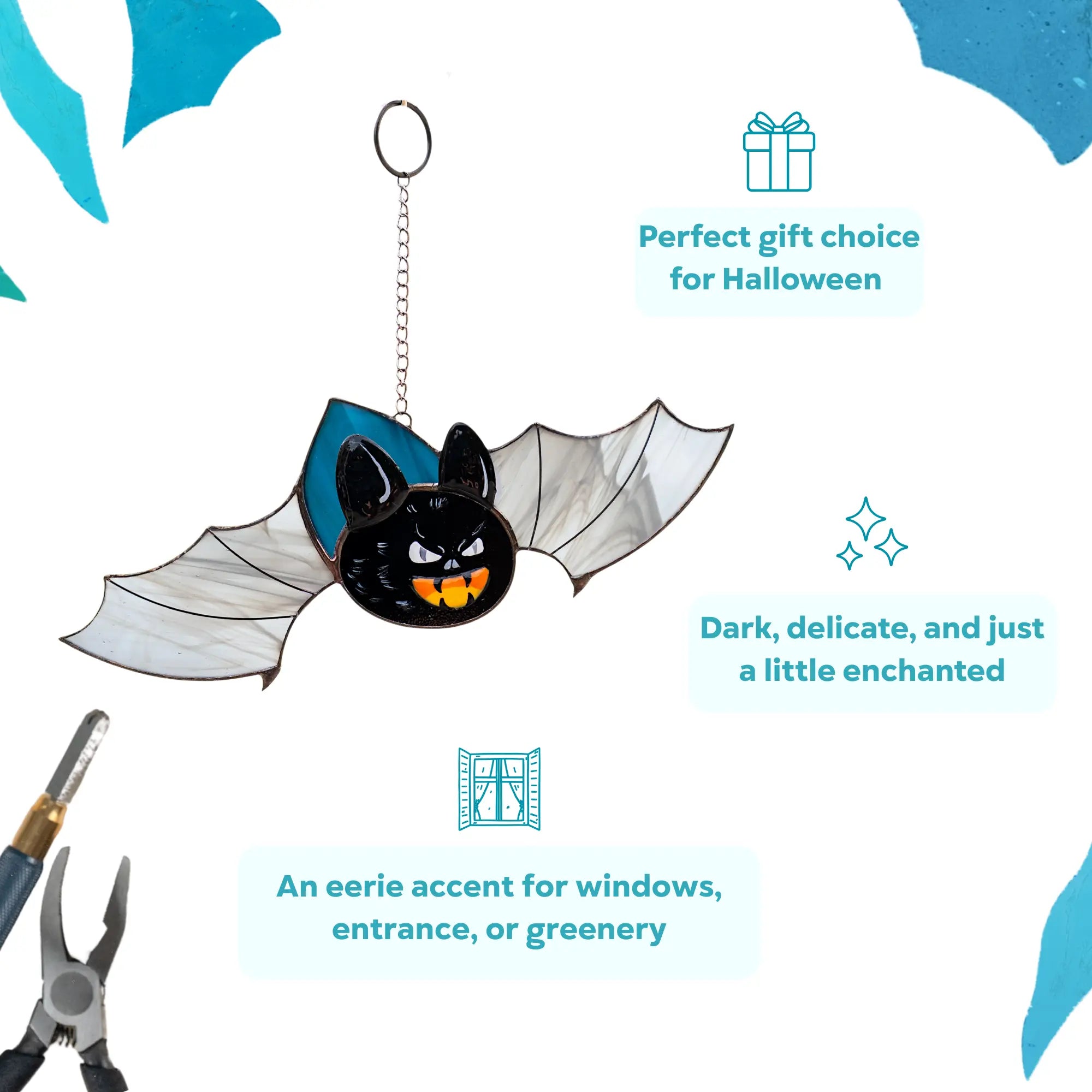 stained glass bat with white wings and  fangs as Halloween gift