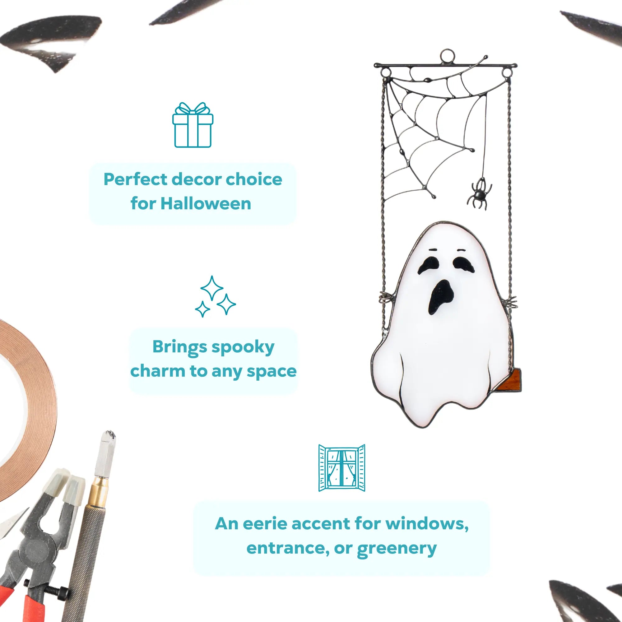 Stained glass swinging ghost with spiderweb as Halloween gift decor