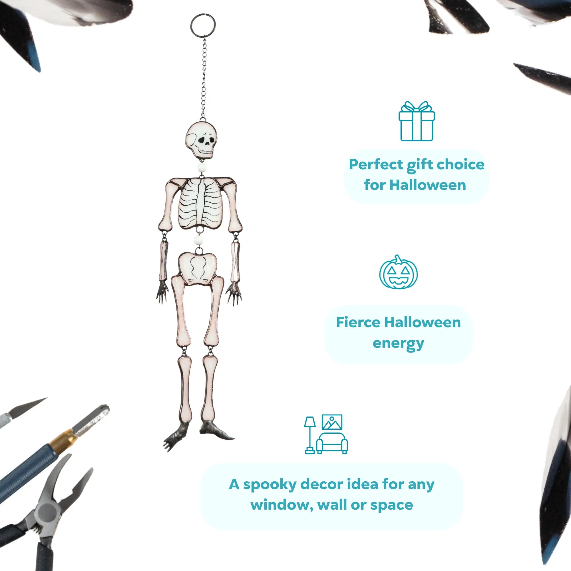 Glass skeleton suncatcher as Halloween gifting and decoration idea