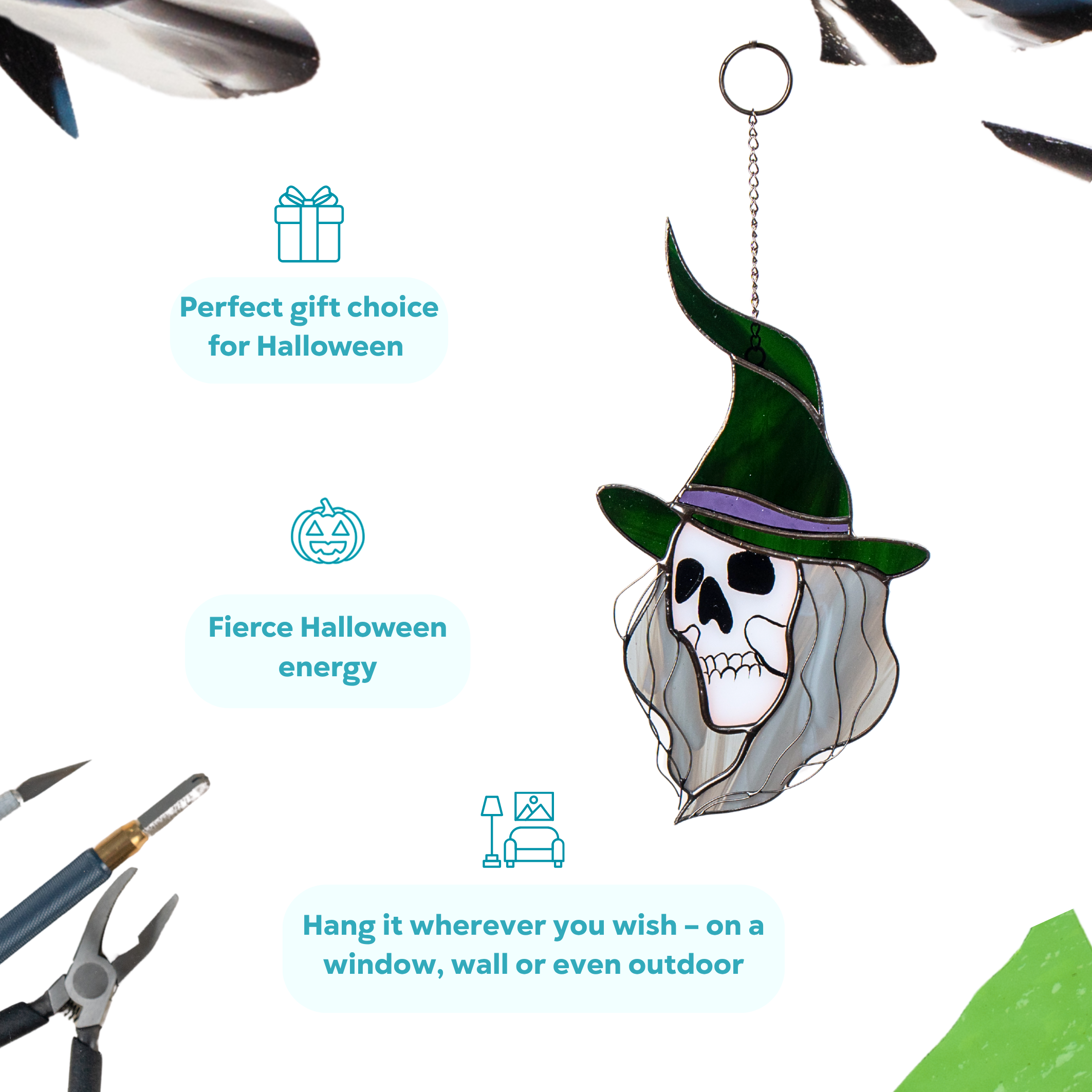 Close-up of stained glass witch face showing skull features, green hat and waved grey glass hair as a perfect halloween decor idea