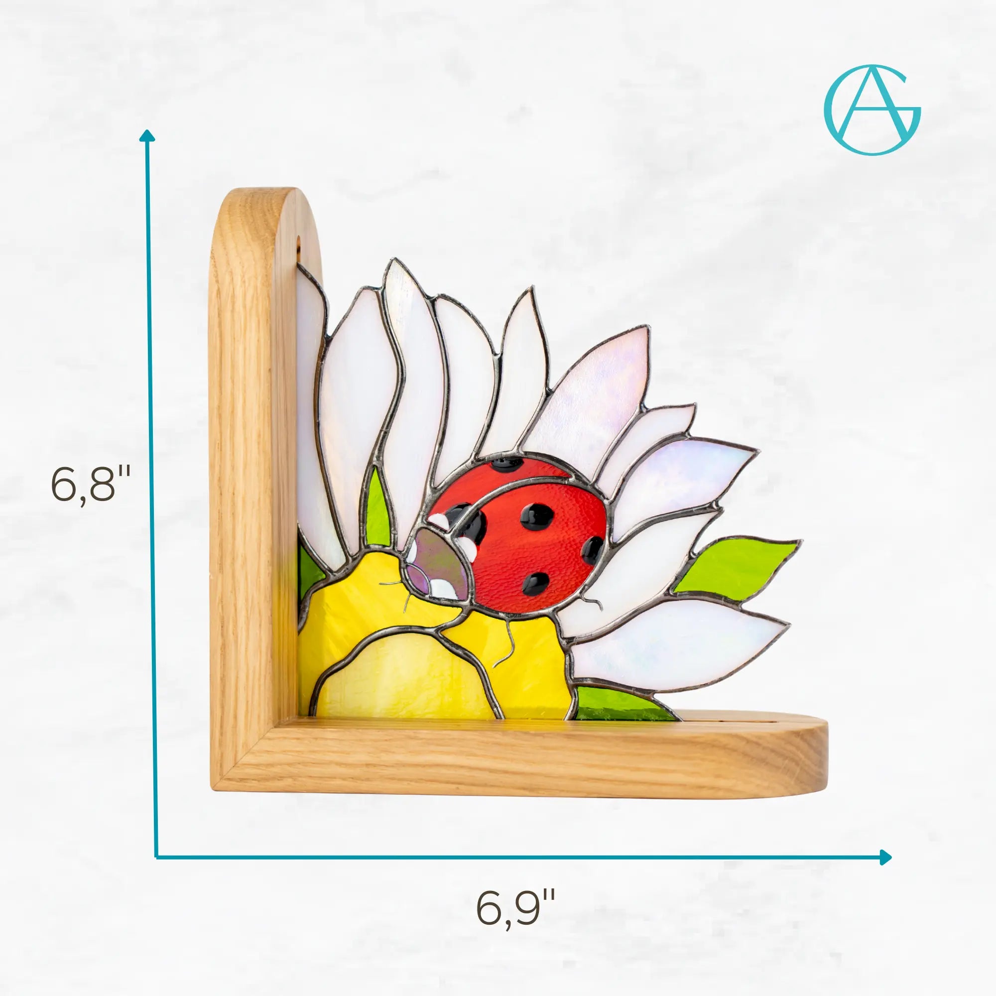 Product information graphics for a ladybug stained glass bookend. Displays dimensions of 6.8 x 6.9 inches, left or right options, and key features like glowing in the sun. 